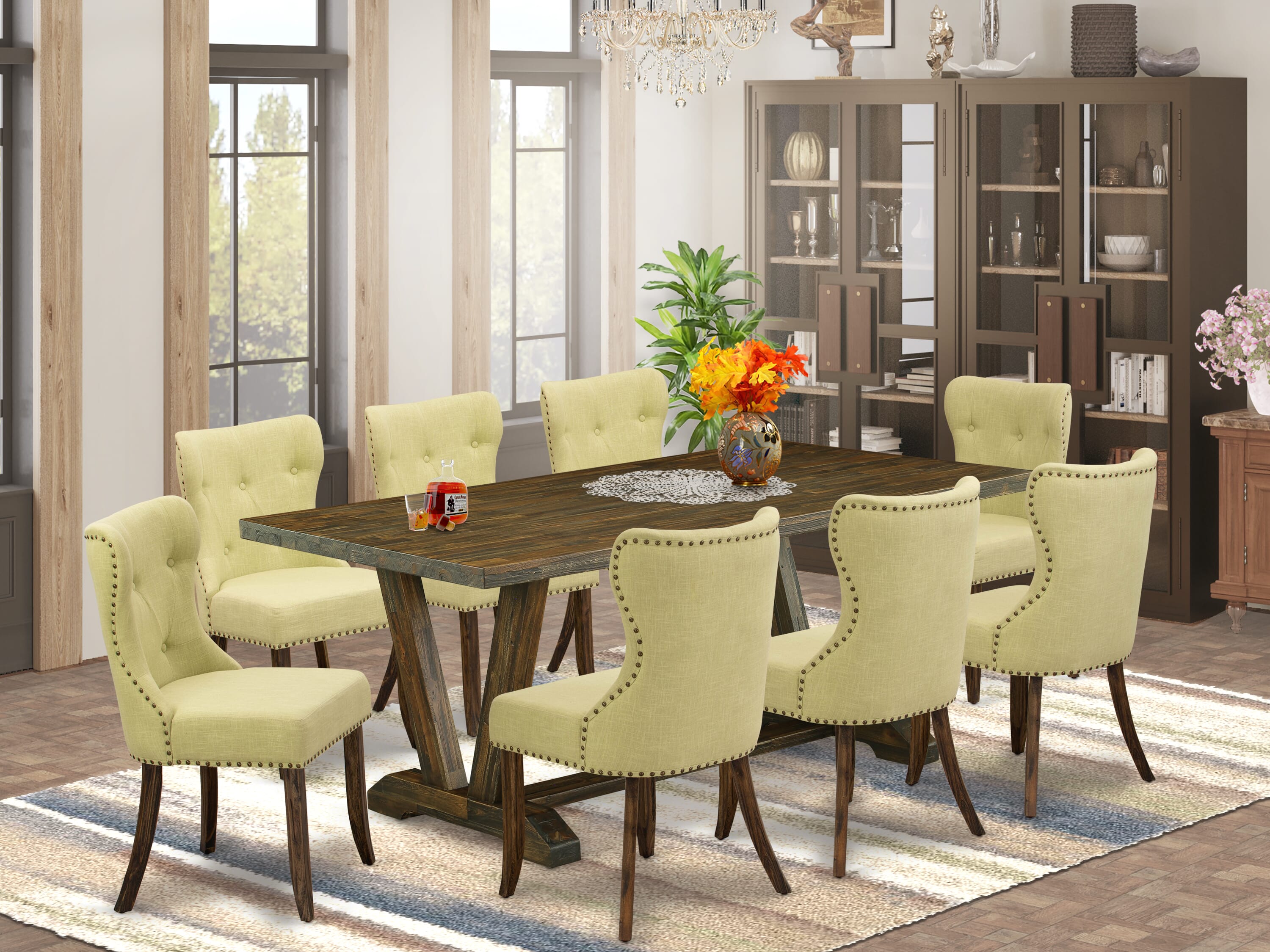 Juego de mesa de comedor de 9 piezas East West Furniture V777SI737-9. Incluye una mesa de comedor rectangular con patas en V y 8 sillas tapizadas en tela de lino Limelight.