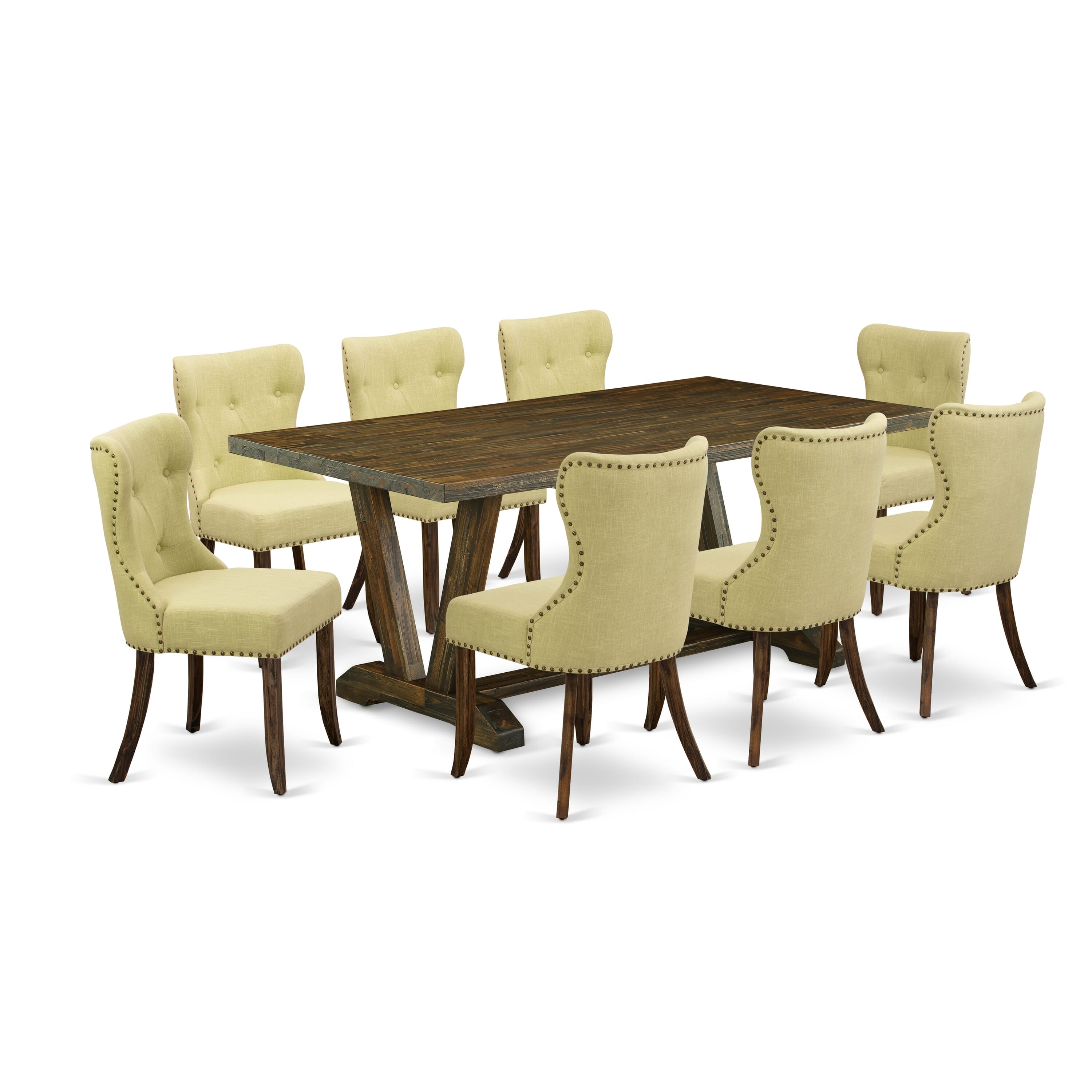 Juego de mesa de comedor de 9 piezas East West Furniture V777SI737-9. Incluye una mesa de comedor rectangular con patas en V y 8 sillas tapizadas en tela de lino Limelight.