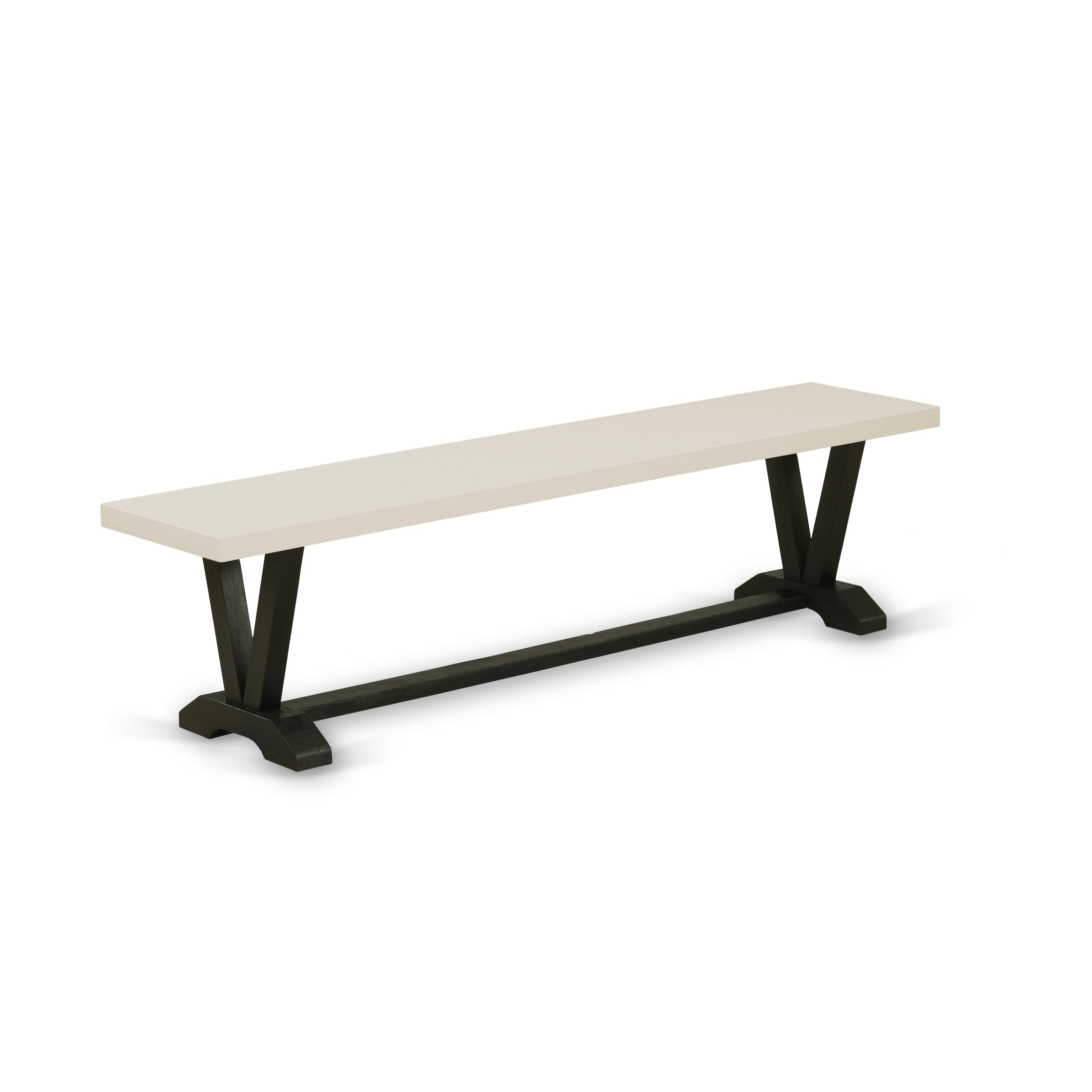 V627X1624-6 - 6-pc Dining set - a Linen White table and bench, 4 stackable chairs with Black Fabric - Wire-brushed Black