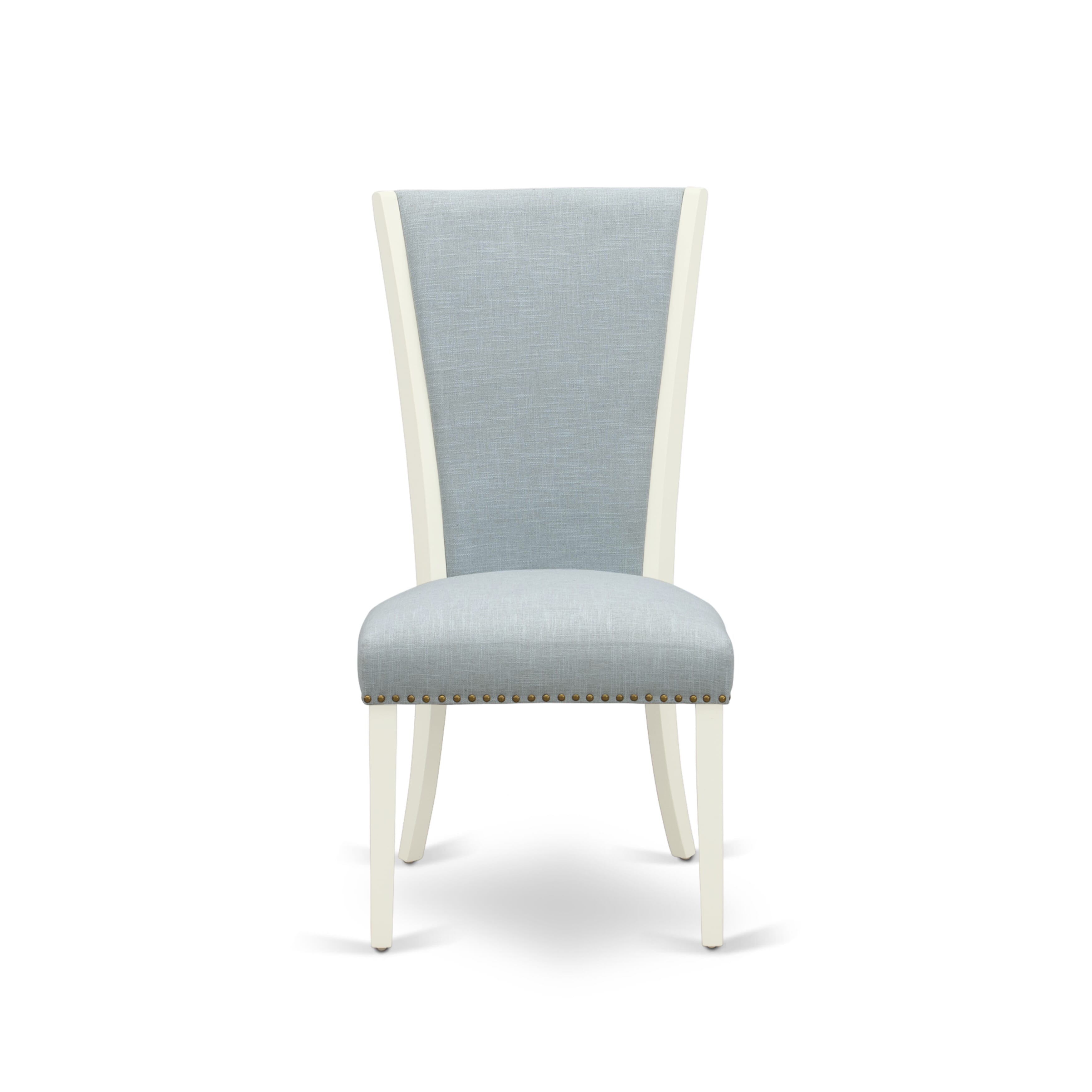 East West Furniture X027VE215-7 7 Piece Table Set - 6 Baby Blue Linen Fabric Upholstered Dining Chairs with Nail Heads and linen white Wooden Table - linen white Finish