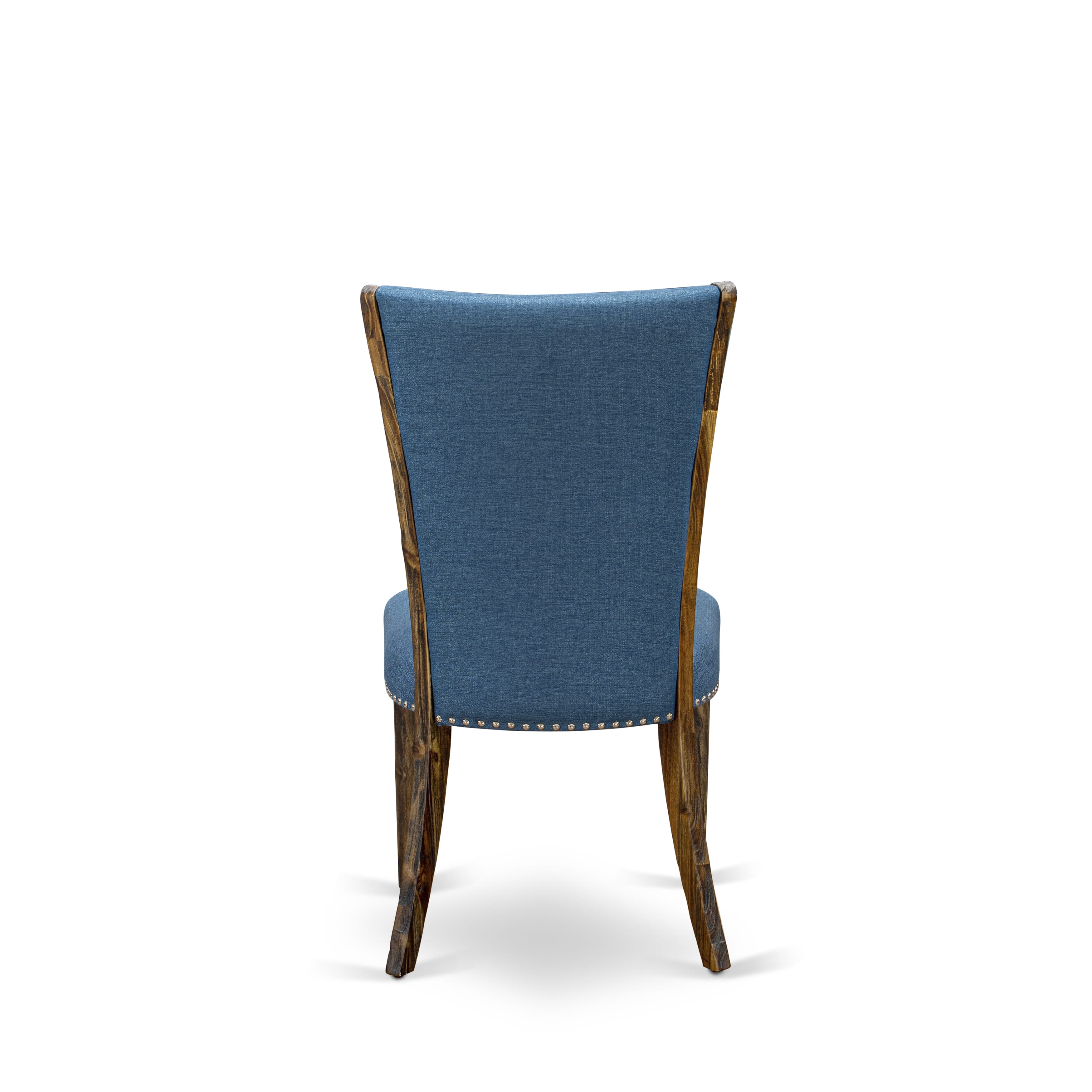 Juego de mesa de comedor moderna East West Furniture V726VE721-7 de 7 piezas compuesto por una mesa rectangular de madera con patas en V y 6 sillas de comedor Parsons de tela de lino azul.