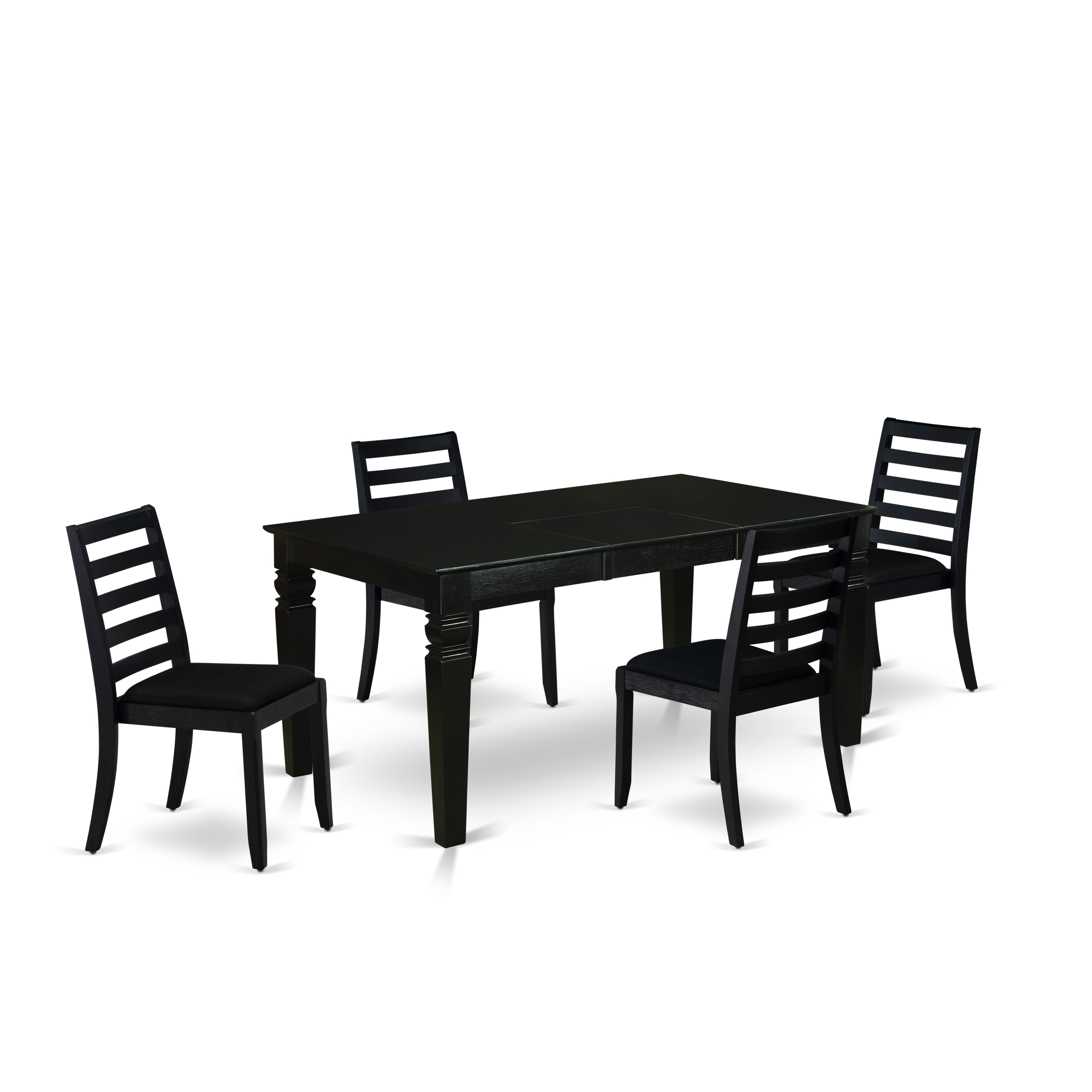 Juego de comedor East West Furniture WEX15-BLK-24 de 5 piezas. Incluye una mesa de cocina rectangular con tablero negro y 4 sillas apilables de tela de lino.