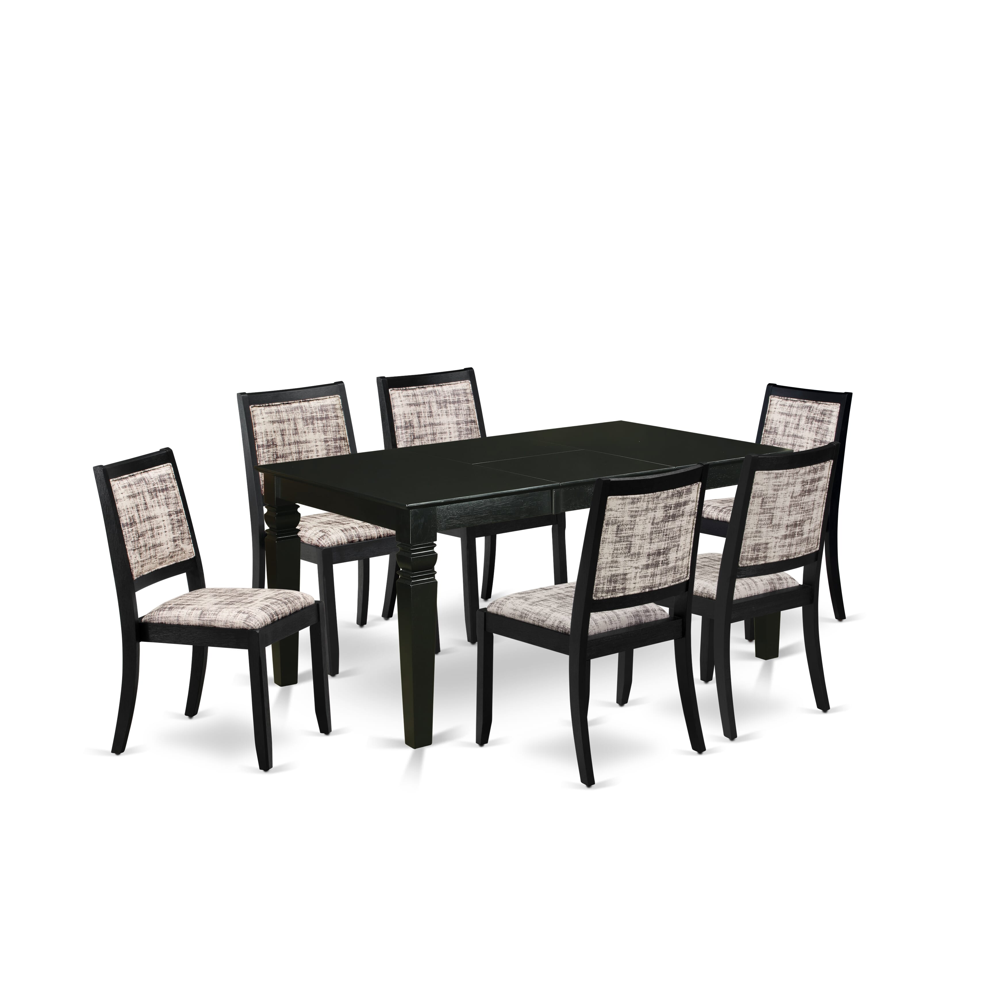 Juego de comedor East West Furniture WEX27-BLK-30 de 7 piezas. Incluye una mesa de cocina rectangular con tablero negro y 6 sillas apilables de piel sintética.