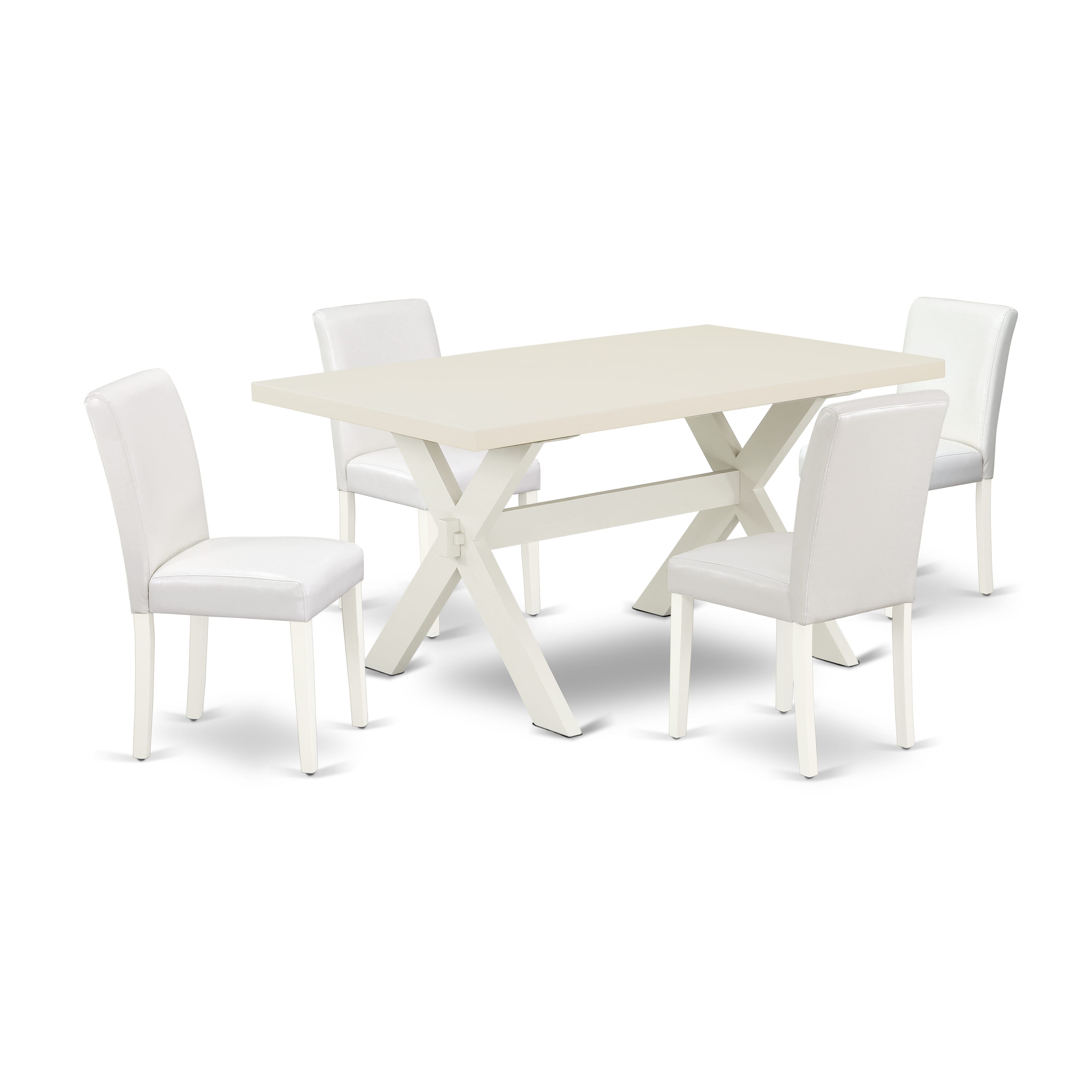 Juego de comedor de 5 piezas East West Furniture X026AB264-5. Incluye una mesa de comedor rectangular con patas en forma de X y 4 sillas Parson tapizadas en piel sintética blanca.