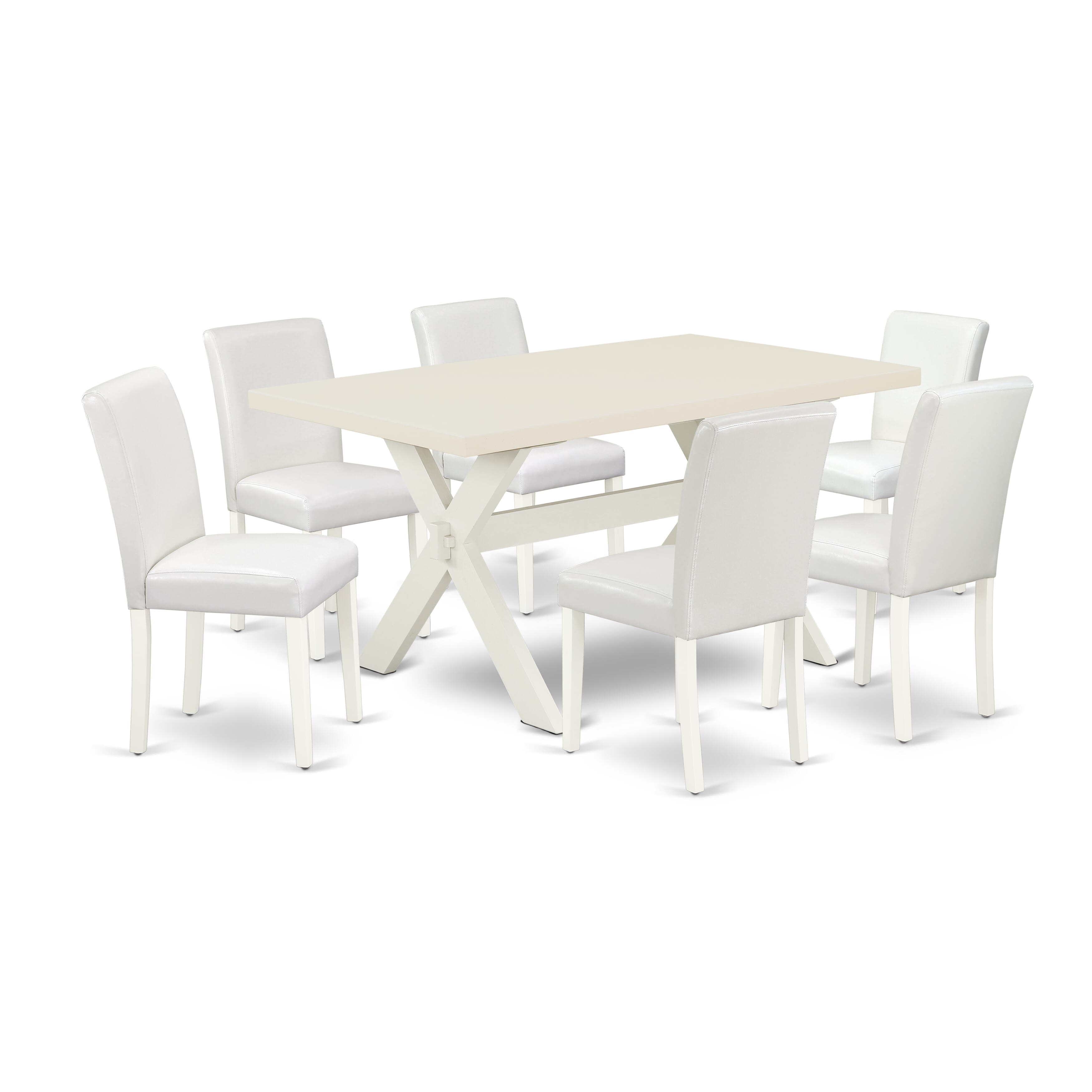 Juego de mesa de cocina de 7 piezas East West Furniture X026AB264-7 compuesto por una mesa de comedor rectangular con patas en forma de X y 6 sillas de comedor Parsons de piel sintética blanca.