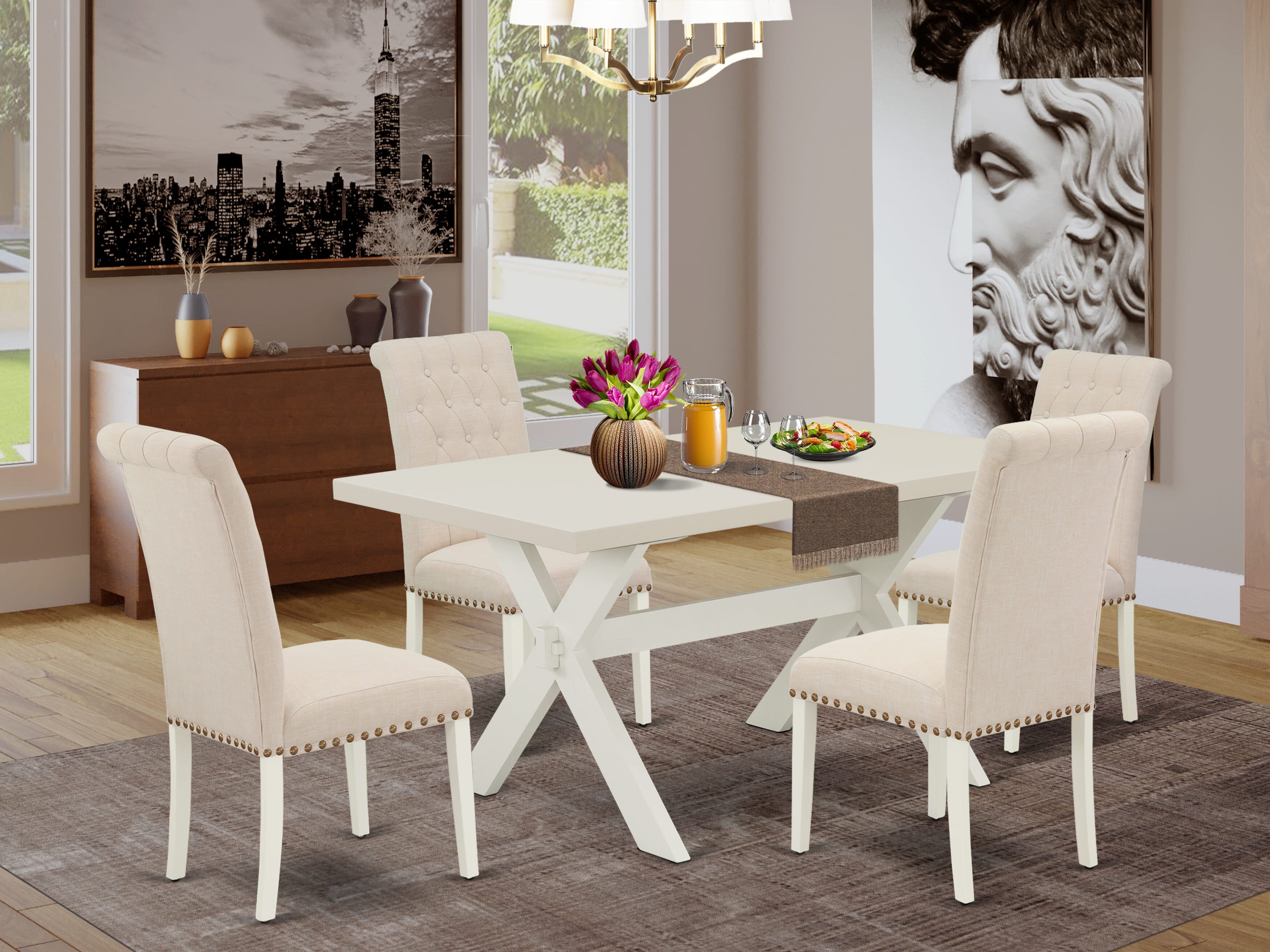 X026BR202-5 5-Pc Dinette SetIncluded 4 Wood Dining chairs Upholstered Nails Head Seat and High Button Tufted Chair Back and Rectangular Dining room Table with linen white Dining room Table top (linen white Finish)