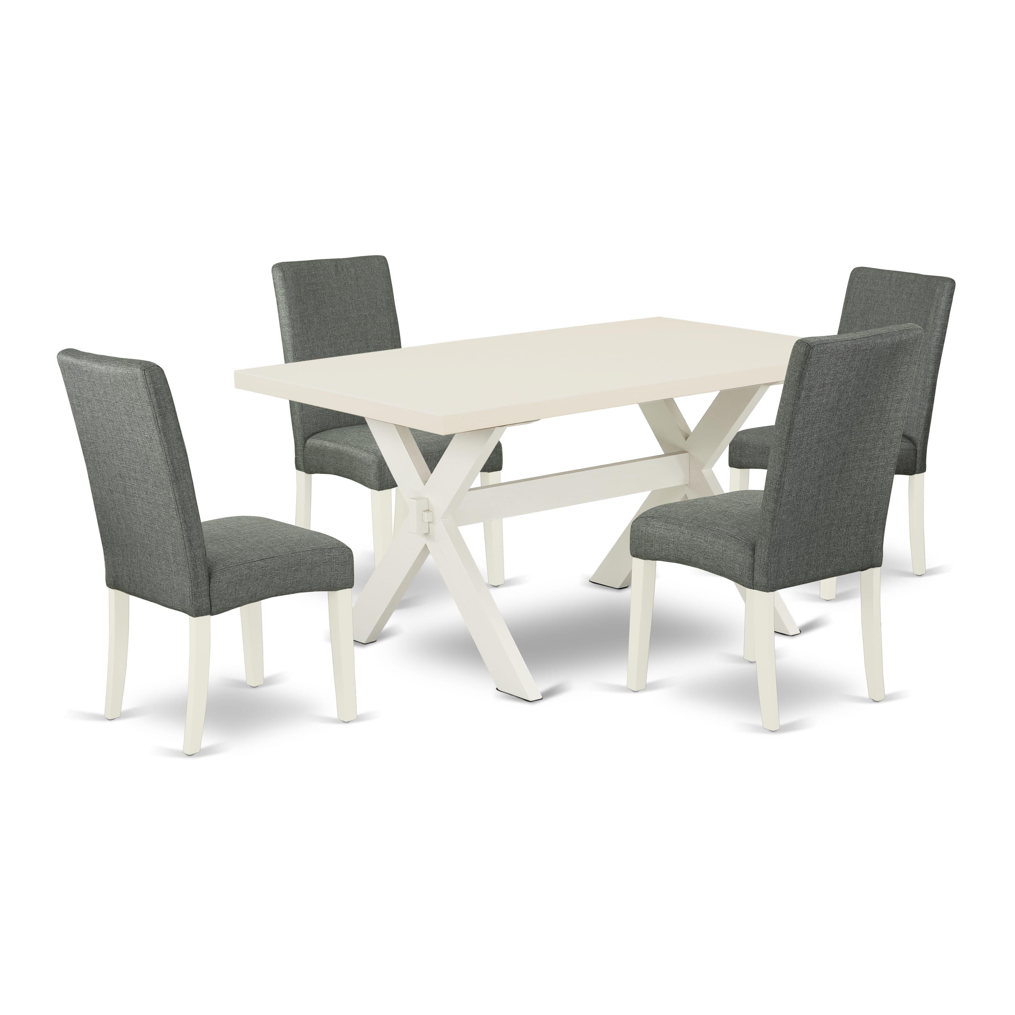 Juego de comedor de 5 piezas East West Furniture X026DR207-5. Incluye una mesa de comedor rectangular con patas en forma de X y 4 sillas Parsons de tela de lino gris.