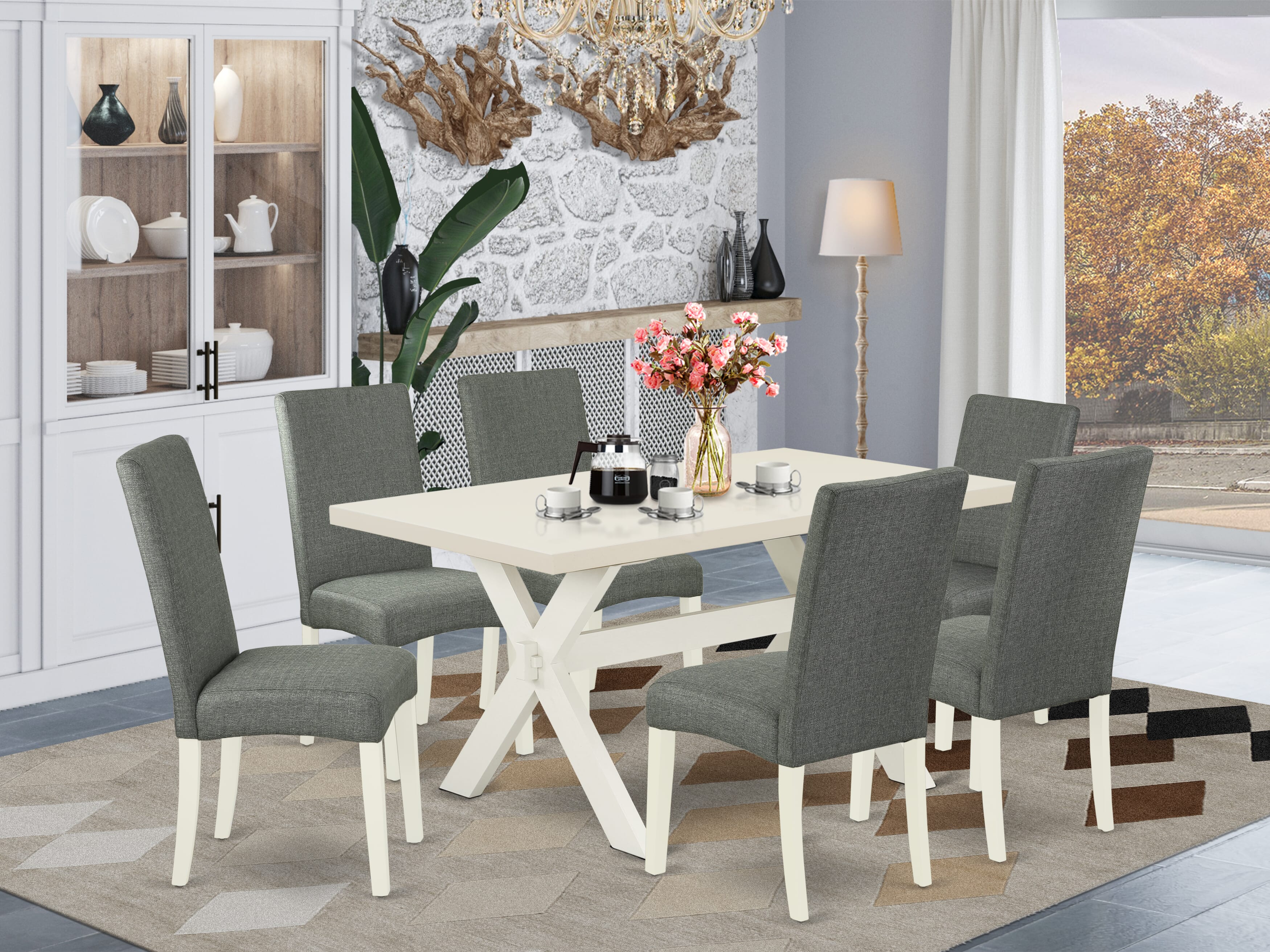 Juego de mesa de comedor moderna East West Furniture X026DR207-7 de 7 piezas compuesto por una mesa de comedor rectangular con patas en forma de X y 6 sillas tapizadas en tela de lino gris.