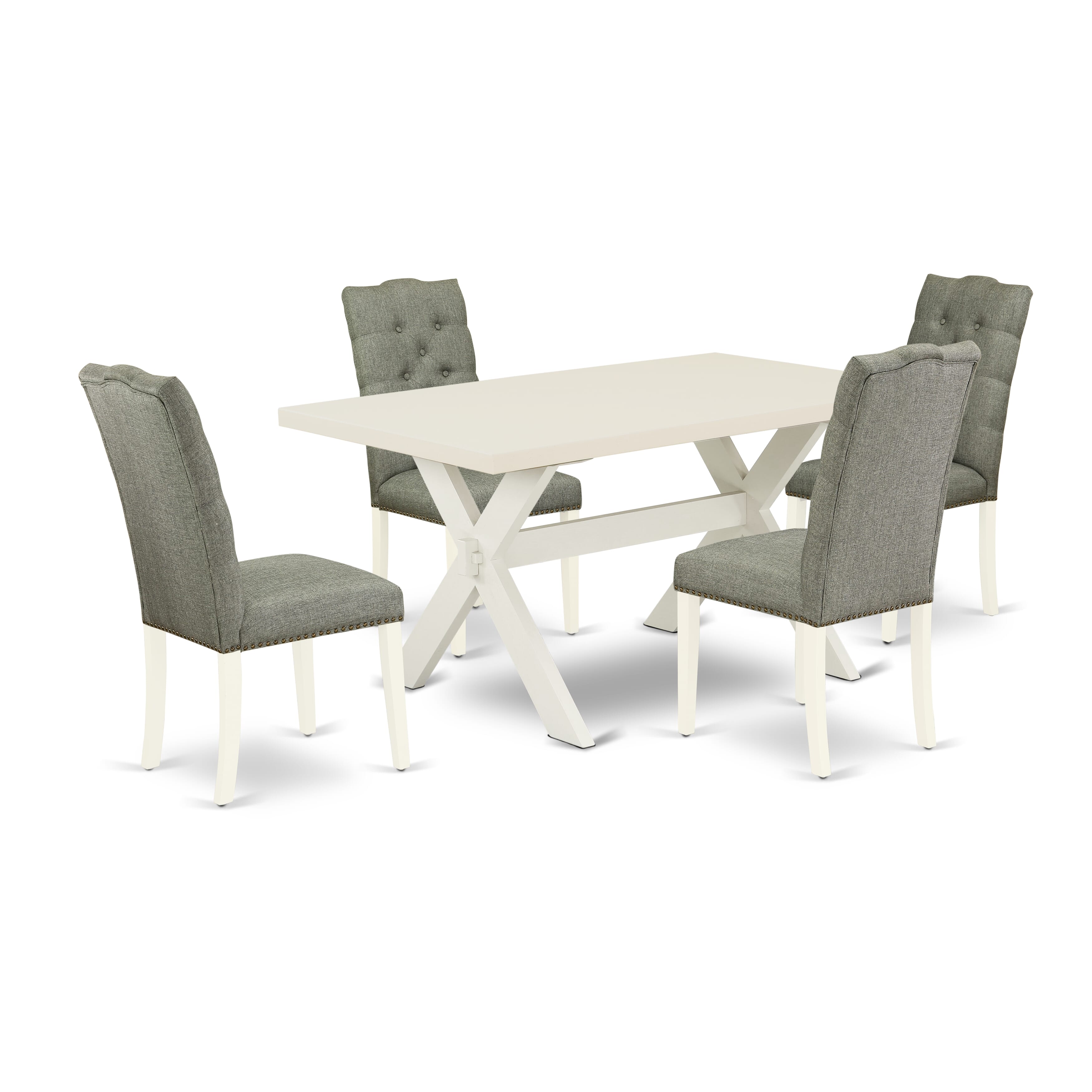 X026EL207-5 5-Pc Dinette Set a Beautiful linen white Small Table top and 4 Gorgeous Padded Parson Chairs with Nail Heads and High Button Tufted Chair Back, linen white Finish