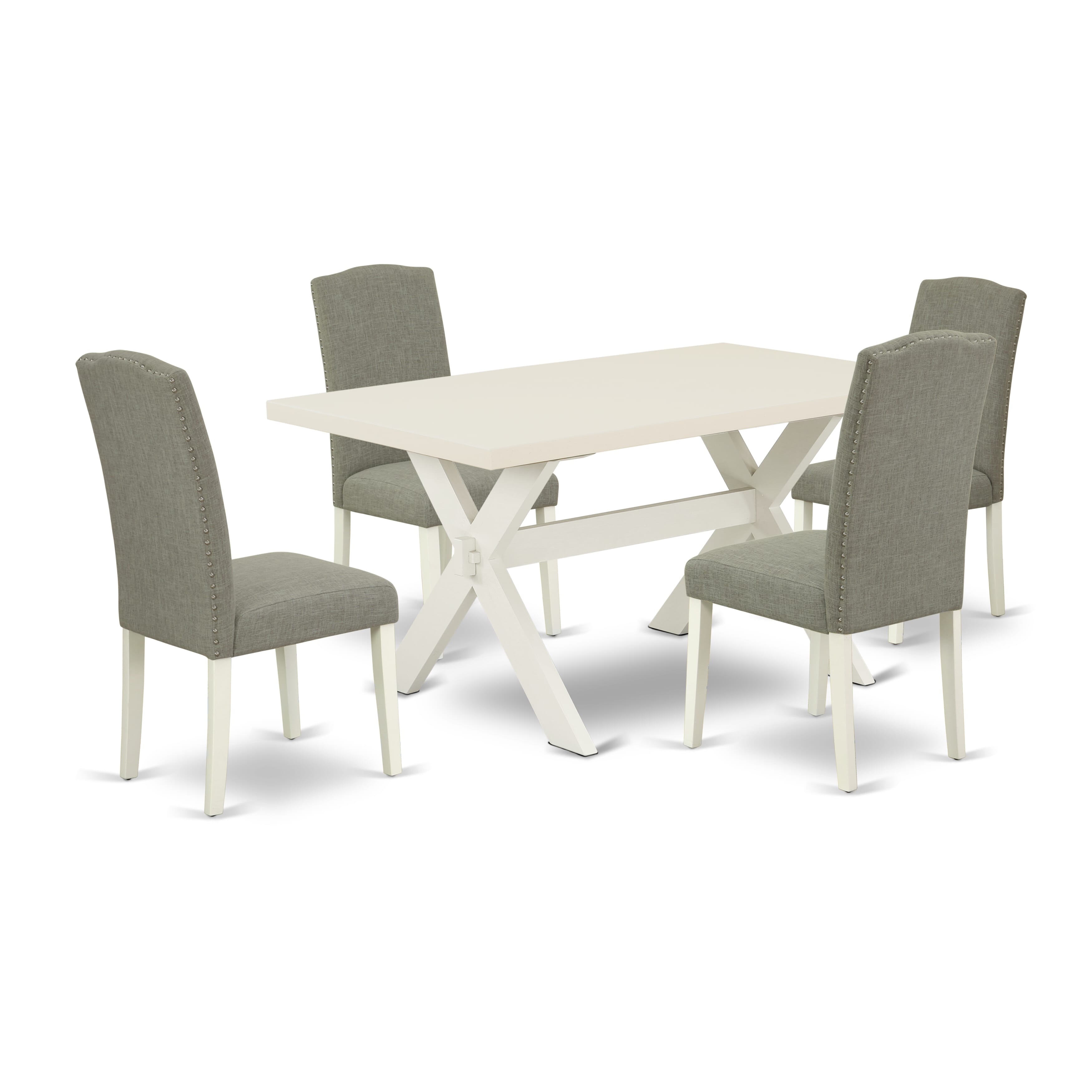 El juego de comedor de 5 piezas East West Furniture X026EN206-5 incluye una mesa de comedor rectangular con patas en forma de X y 4 sillas de comedor Parson de tela de lino shitake oscuro.