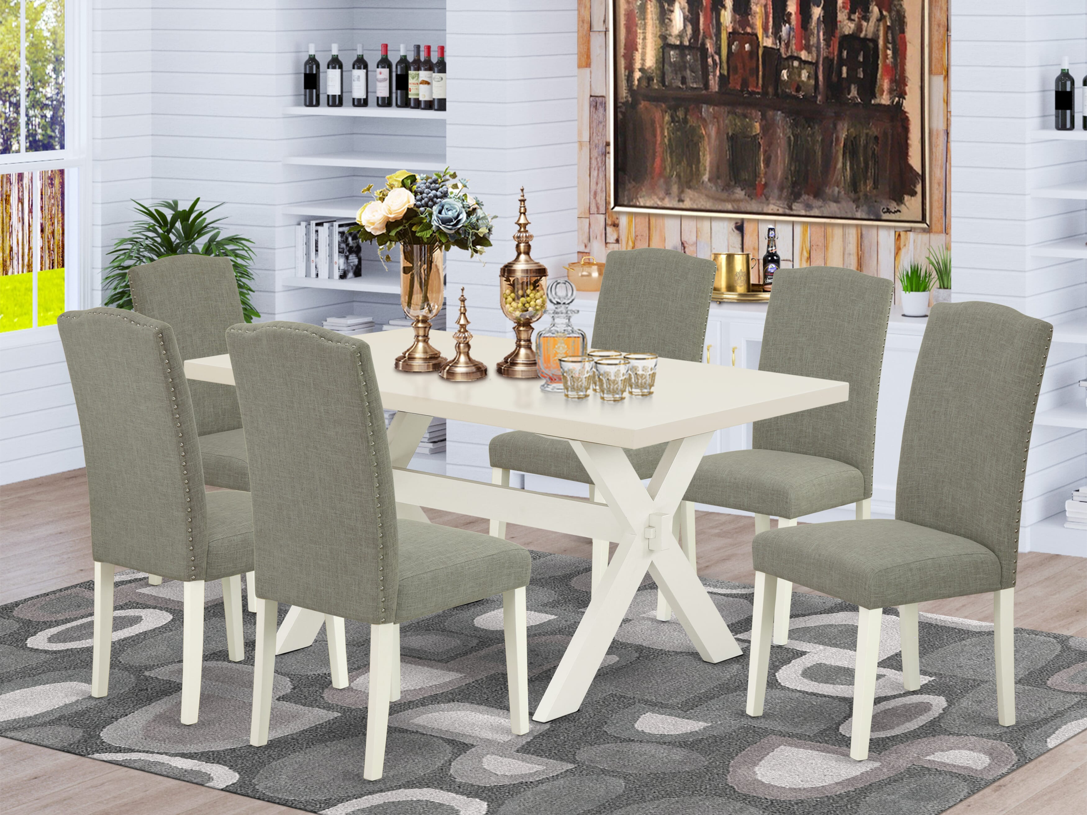 East West Furniture X026EN206-7 7-Piece dining room table set a great linen white small table top and 6 Beautiful parson chairs with Nail heads and High Stylish Chair Back, linen white Finish