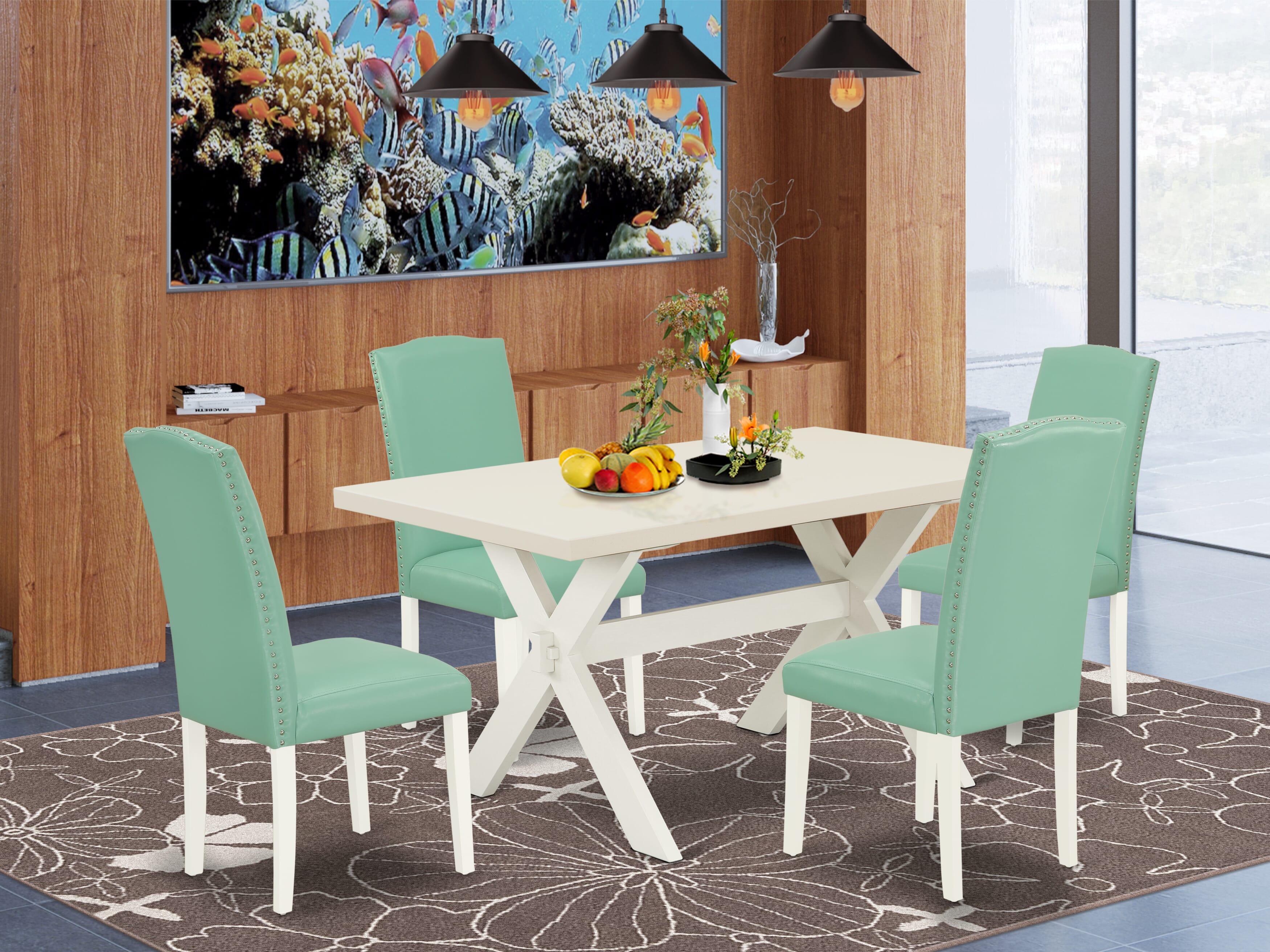 East West Furniture X026EN257-5 5-Piece Kitchen Dinette SetIncluded 4 Parson Dining chairs Upholstered Nails Head Seat and Stylish Chair Back and Rectangular Dining Table with linen white Kitchen Dining Table top (linen white Finish)