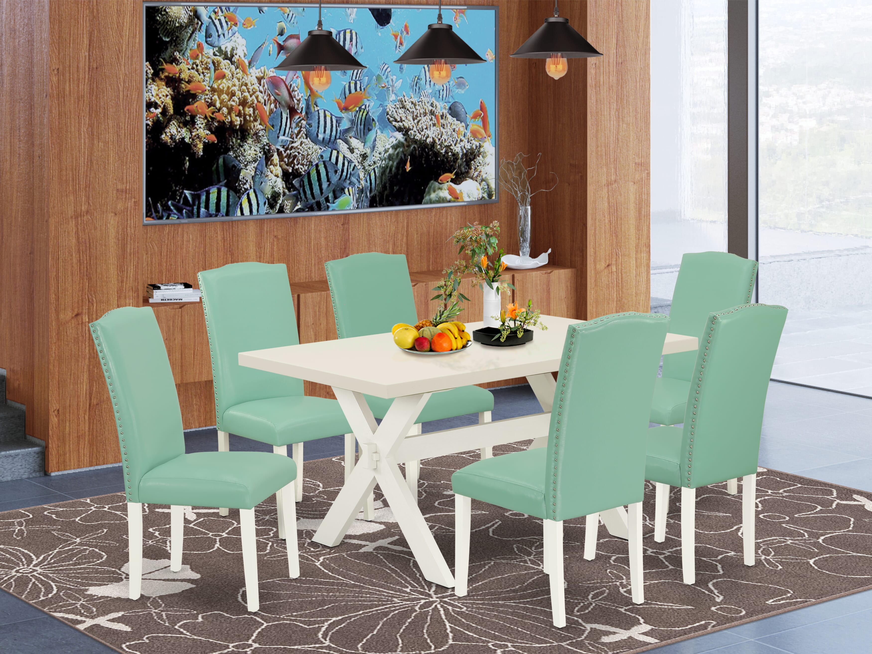 East West Furniture X026EN257-7 7-Piece dining room set a beautiful linen white kitchen table top and 6 beautiful parson chairs with Nail heads and High Stylish Chair Back, linen white Finish