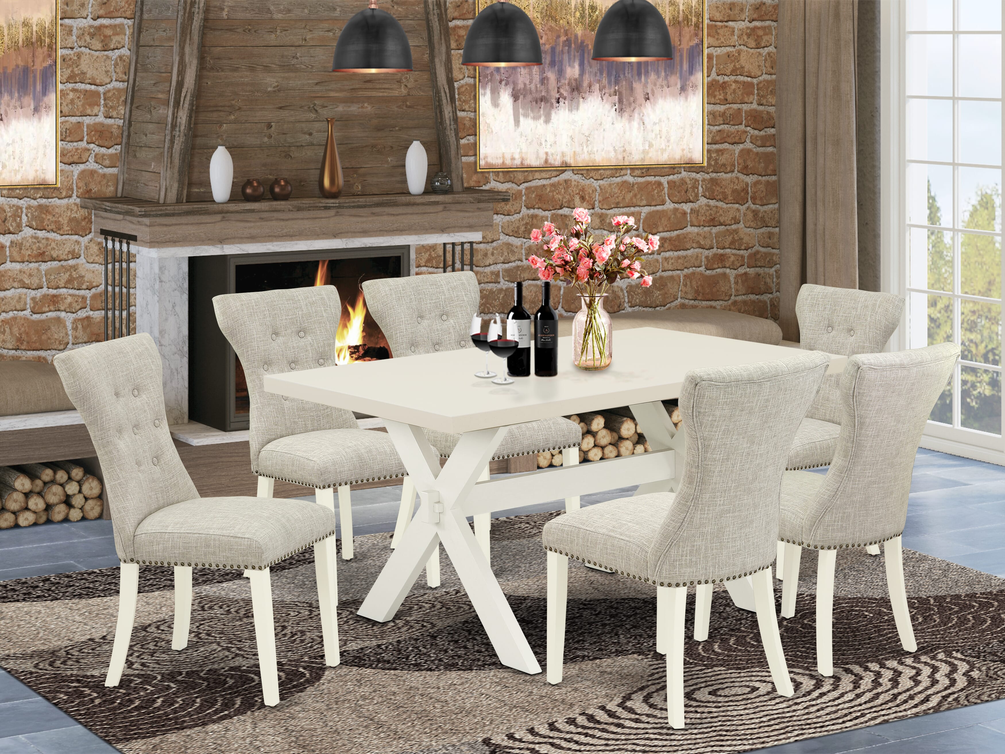 Juego de comedor de 7 piezas East West Furniture X026GA235-7 compuesto por una mesa de comedor rectangular con patas en forma de X y 6 sillas Parson tapizadas en tela de lino y piel de venado.
