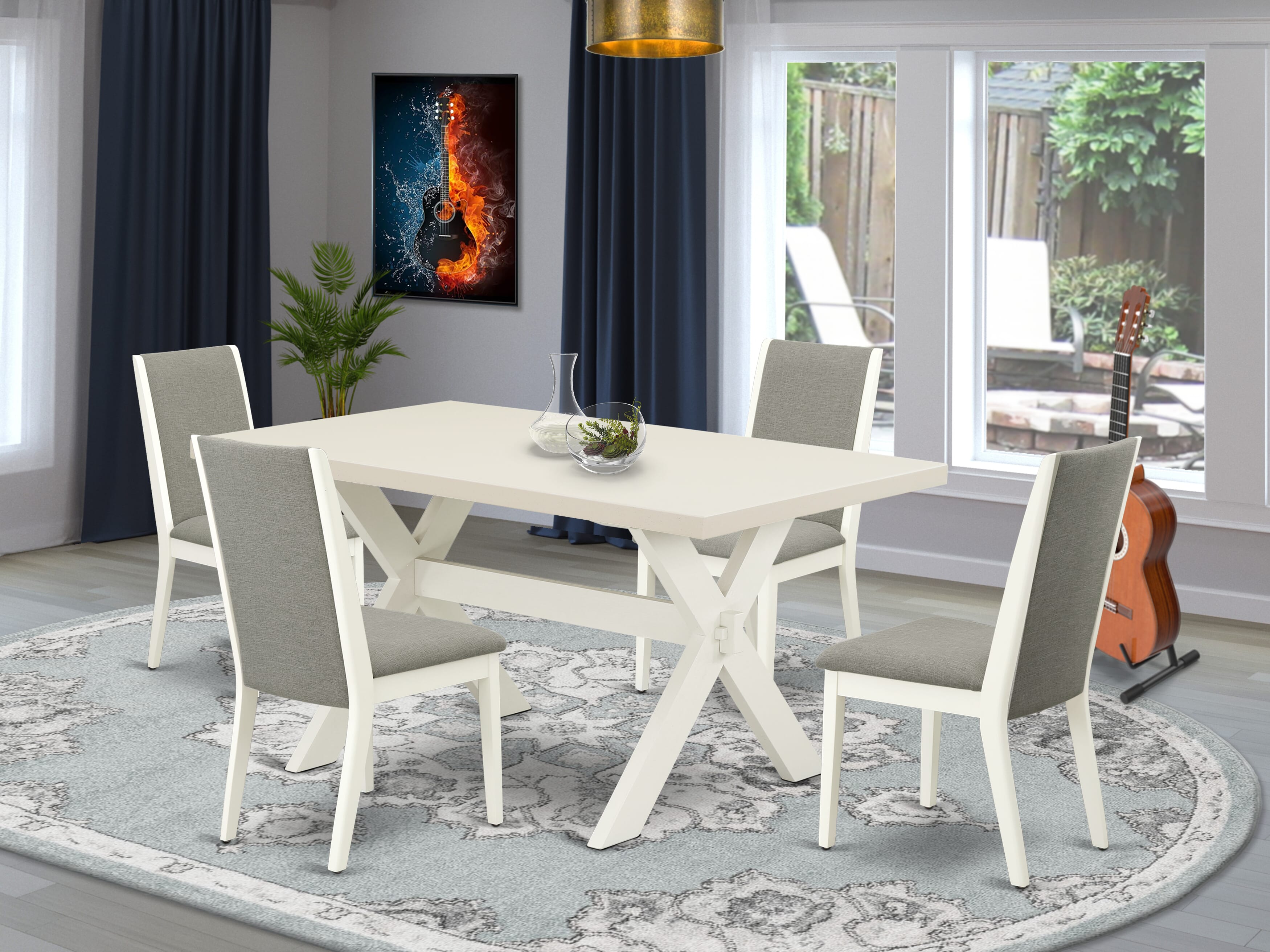 X026LA206-5 5-Piece Kitchen Table Set with Dining Room Table - 4 Linen Fabric Parson Dining Chairs (linen white Finish)
