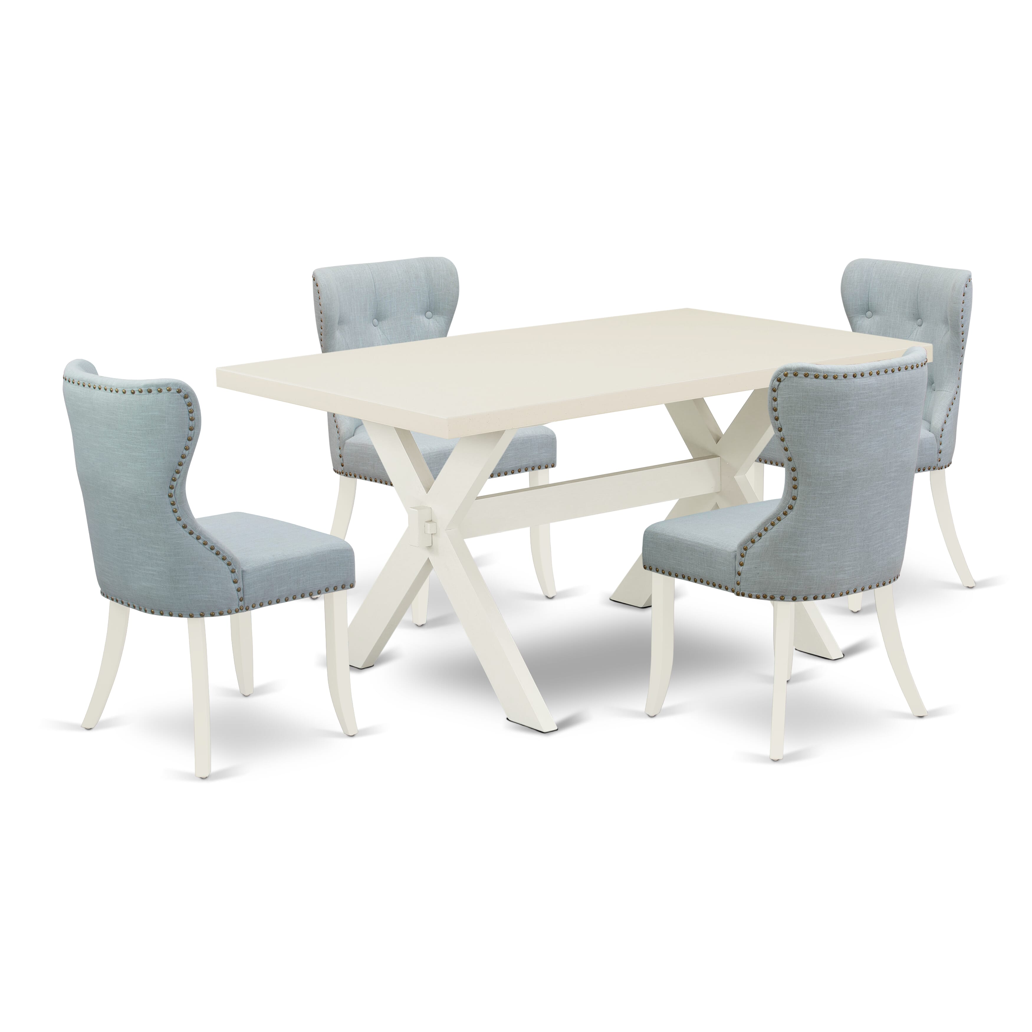 X026SI215-5 5-Piece Dining Set- 4 Mid Century Dining Chairs with Baby Blue Linen Fabric Seat and Button Tufted Chair Back - Dining Room Table - linen white Finish