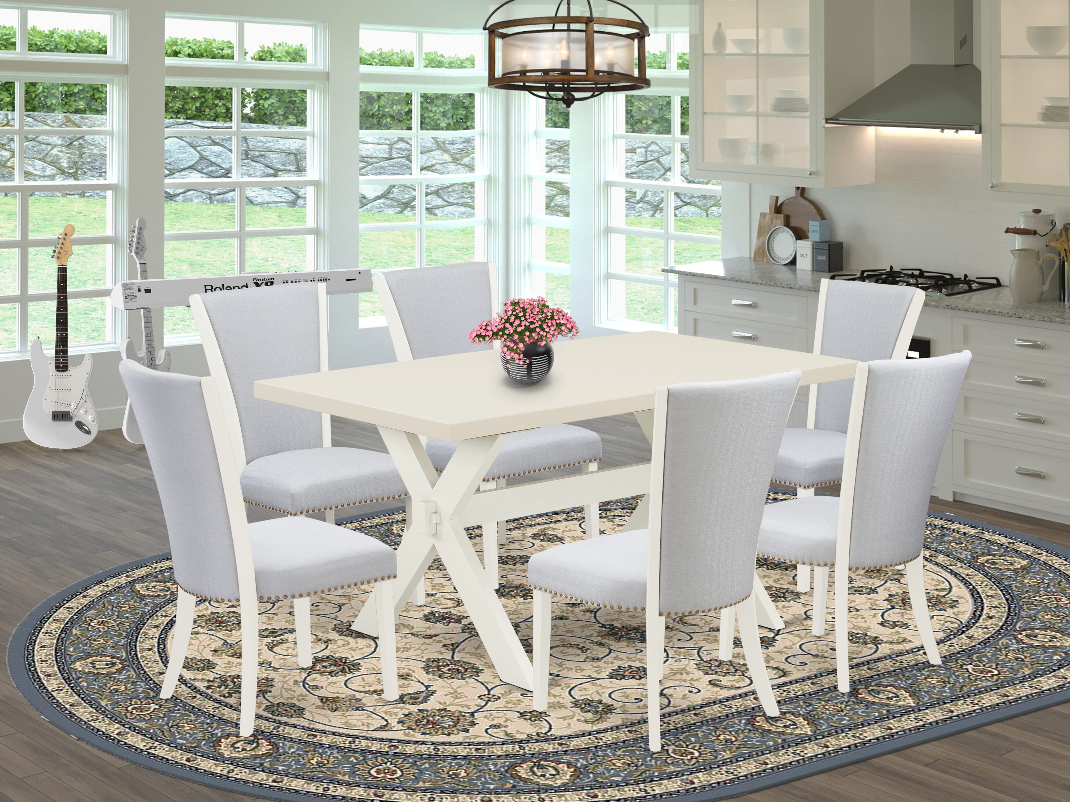 East West Furniture 7-Piece Kitchen Table Set Includes 6 Mid Century Dining Chairs with Upholstered Seat-Rectangular Rectangular Dining Table - Linen White and Wirebrushed Linen White Finish