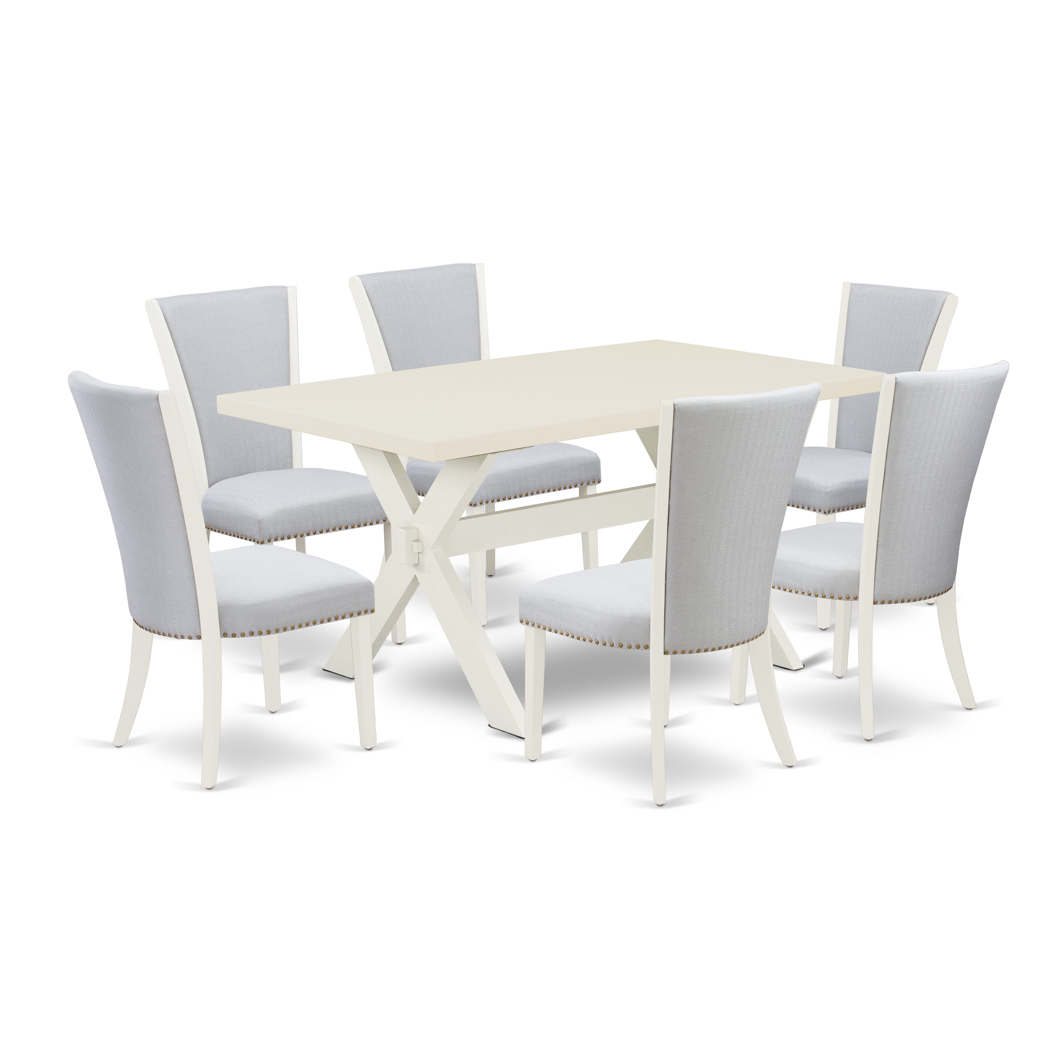 East West Furniture 7-Piece Kitchen Table Set Includes 6 Mid Century Dining Chairs with Upholstered Seat-Rectangular Rectangular Dining Table - Linen White and Wirebrushed Linen White Finish