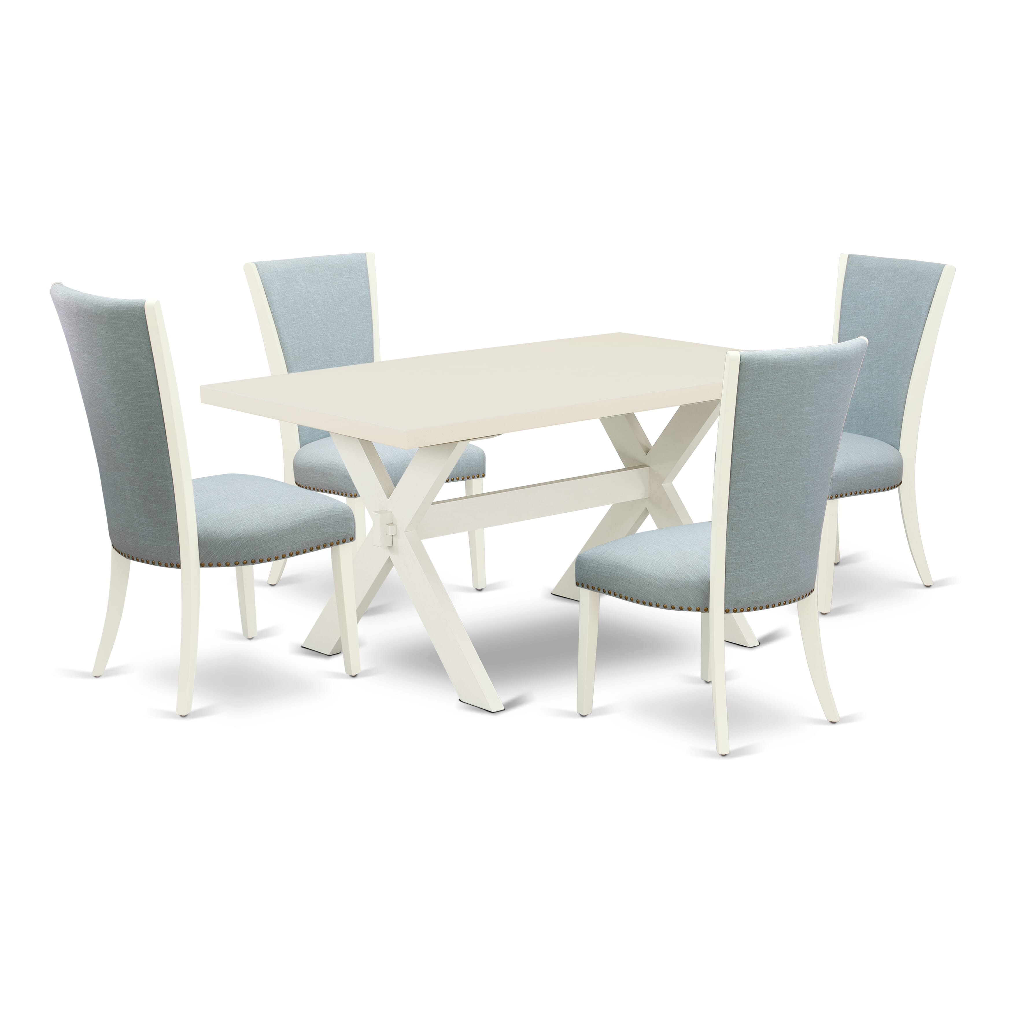 X026VE215-5 5 Piece Modern Dining Table Set - 4 Baby Blue Linen Fabric Parson Dining Chairs with Nailheads and linen white Wood Table - linen white Finish