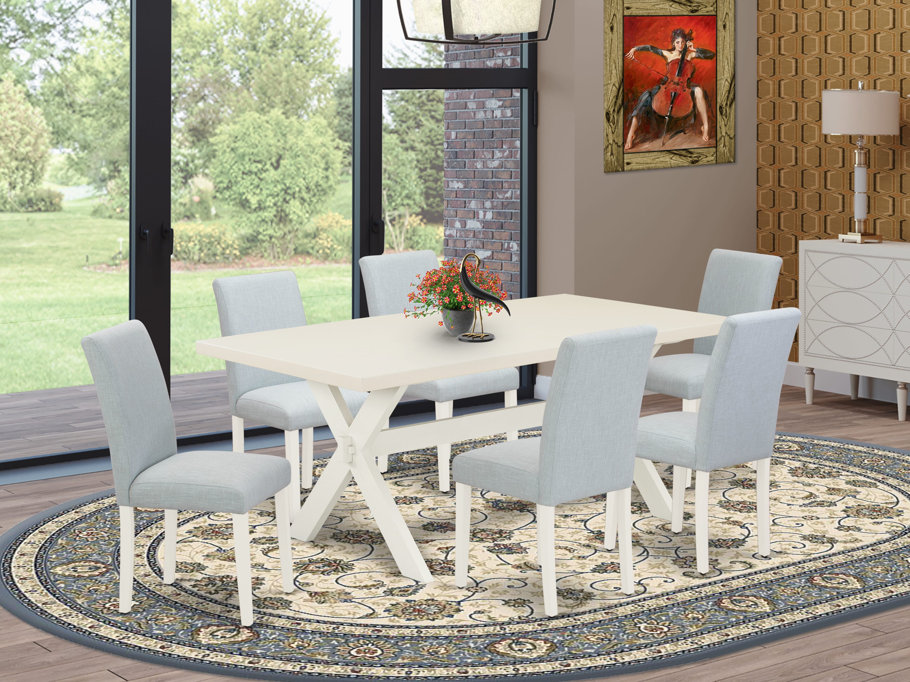 Juego de mesa de comedor de 7 piezas East West Furniture X027AB015-7 compuesto por una mesa de comedor rectangular con patas en forma de X y 6 sillas tapizadas en tela de lino azul bebé.