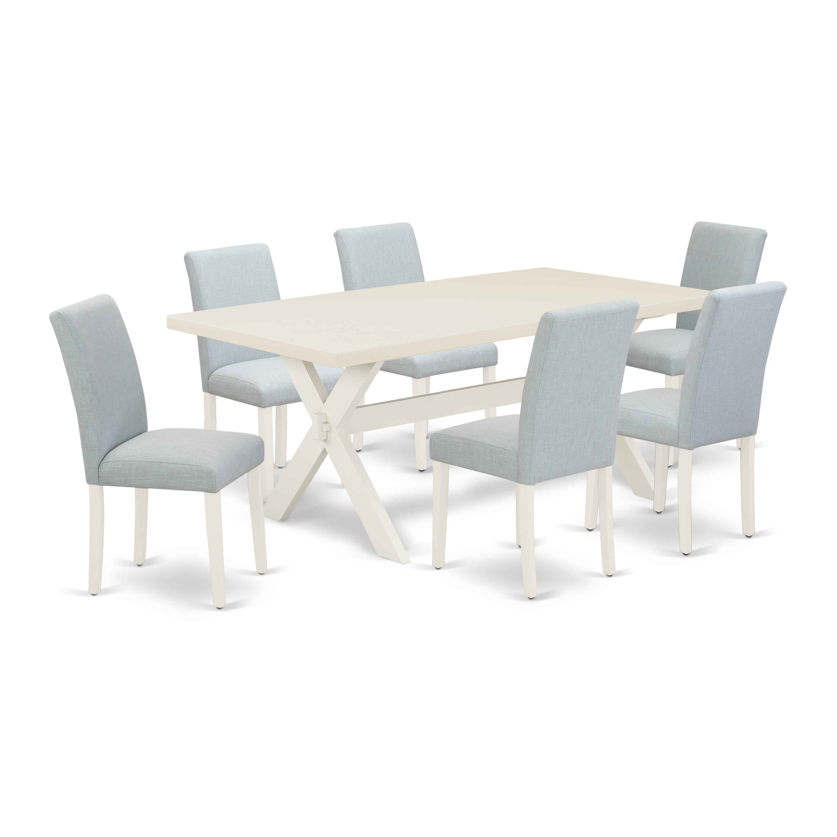 Juego de mesa de comedor de 7 piezas East West Furniture X027AB015-7 compuesto por una mesa de comedor rectangular con patas en forma de X y 6 sillas tapizadas en tela de lino azul bebé.