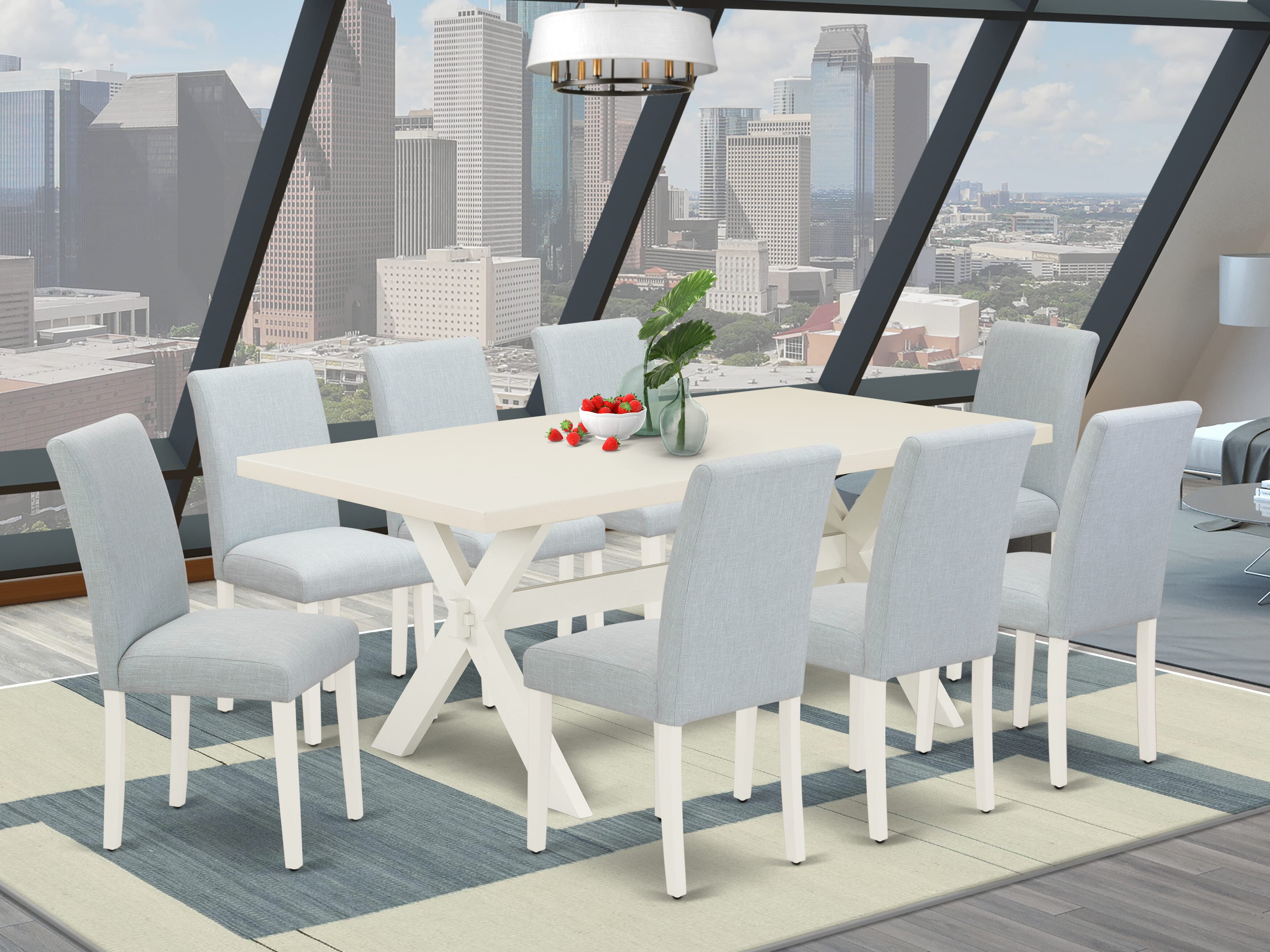 Juego de comedor East West Furniture X027AB015-9 de 9 piezas. Incluye una mesa de comedor rectangular con patas en forma de X y 8 sillas tapizadas en tela de lino azul bebé.
