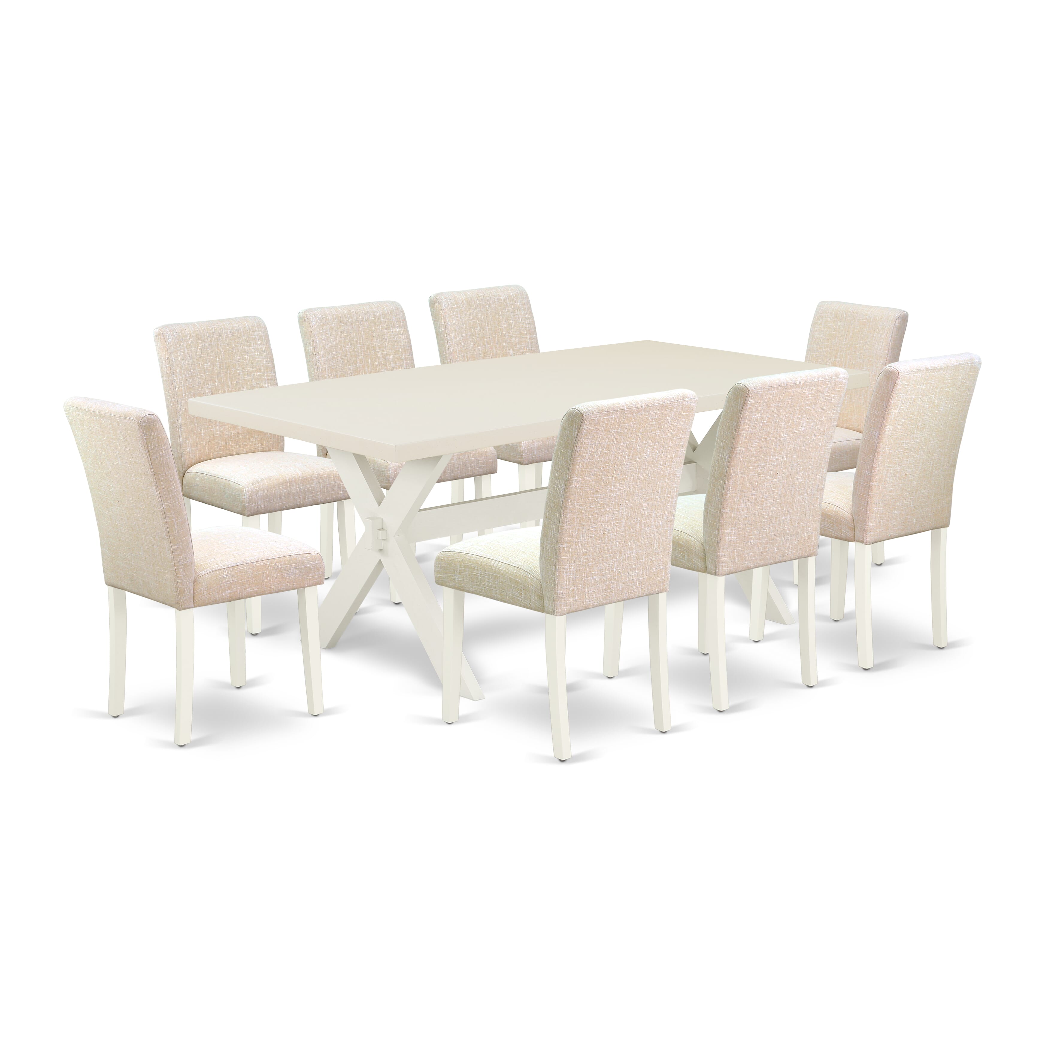 Juego de comedor East West Furniture X027AB202-9 de 9 piezas. Incluye una mesa de comedor rectangular con patas en forma de X y 8 sillas tapizadas en tela de lino beige claro.