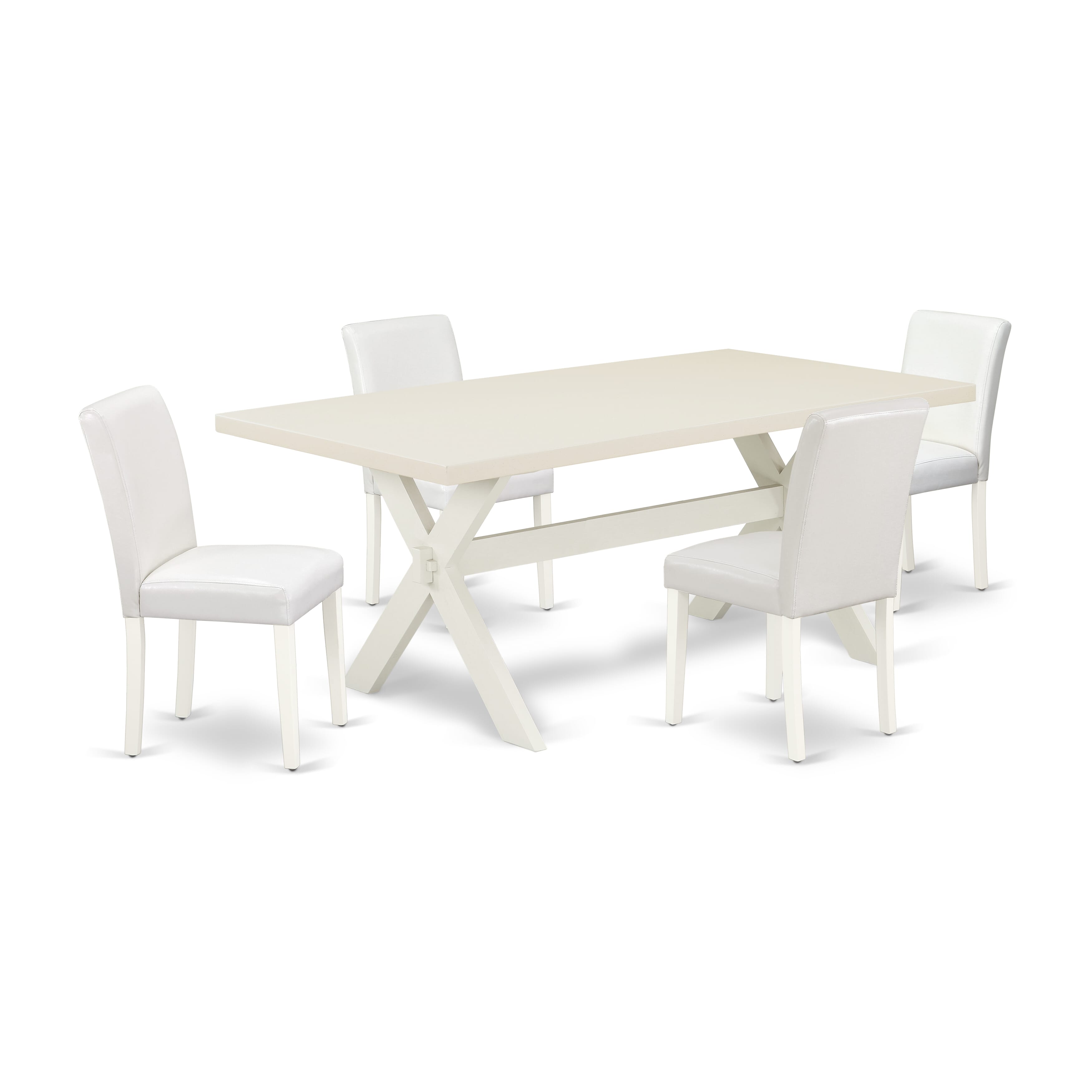 El juego de mesa de comedor de 5 piezas East West Furniture X027AB264-5 incluye una mesa de comedor rectangular con patas en forma de X y 4 sillas Parsons de cuero sintético blanco.