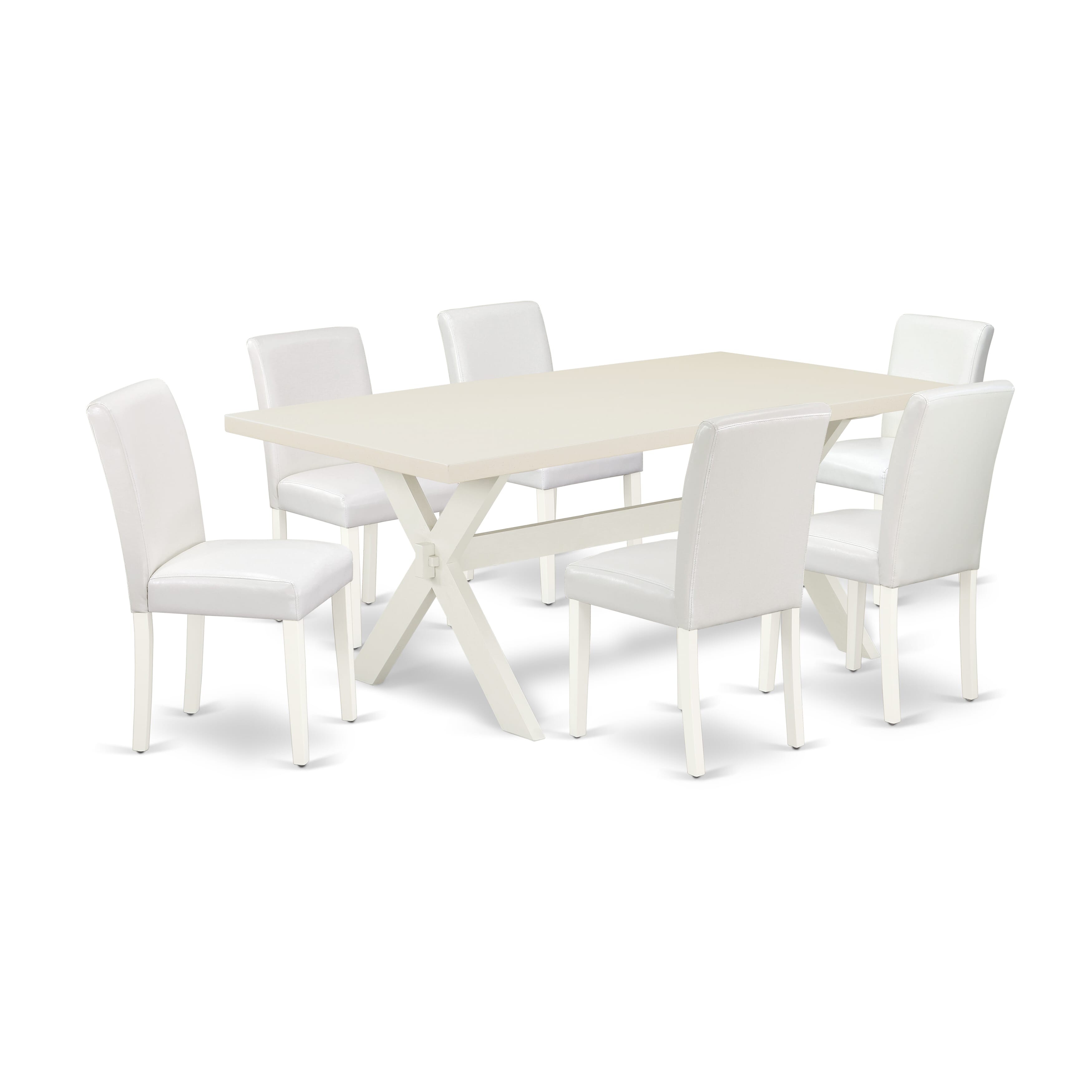 Juego de comedor de 7 piezas East West Furniture X027AB264-7 compuesto por una mesa de comedor rectangular con patas en forma de X y 6 sillas Parson tapizadas en piel sintética blanca.