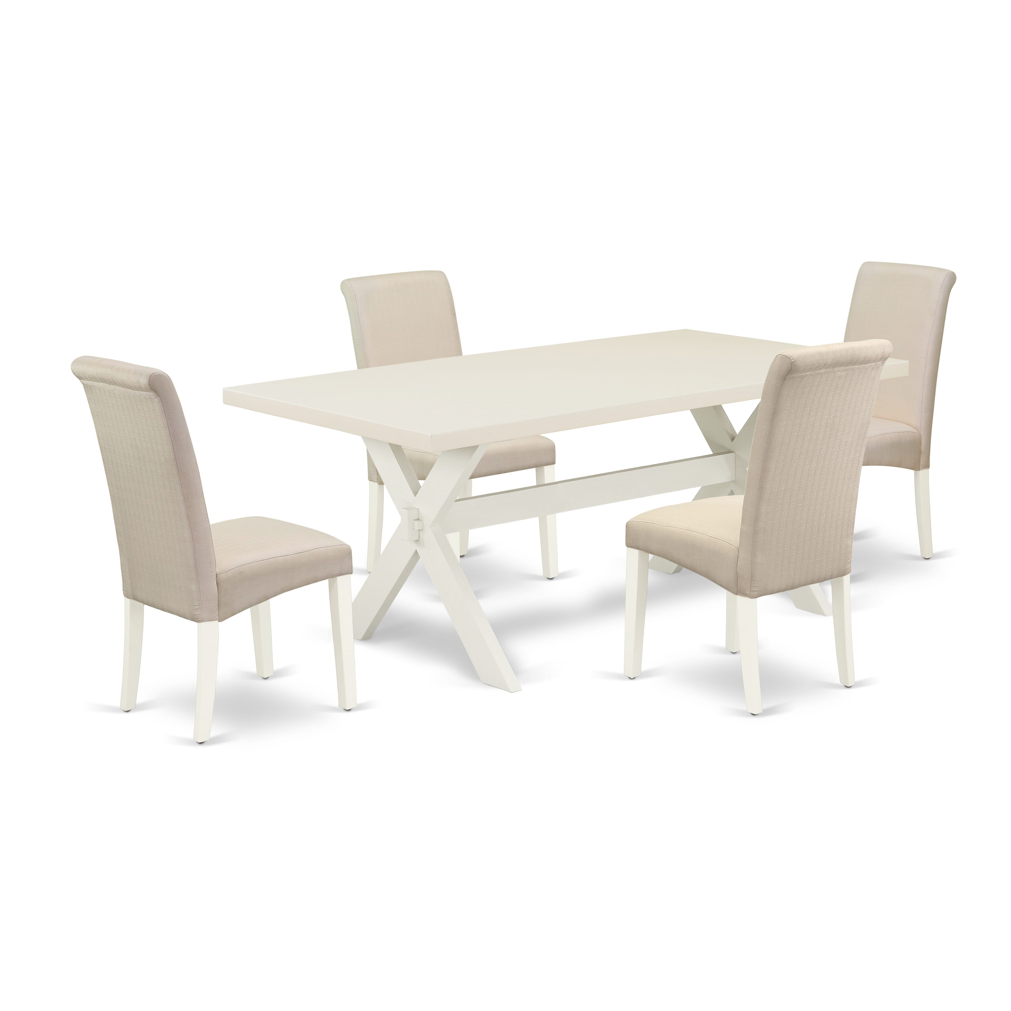 X027BA201-5 5-Pc Modern Dinette SetIncluded 4 Parson Dining chairs Upholstered Nails Head Seat and Stylish Chair Back and Rectangular Mid Century Dining Table with linen white rectangular Dining Table top (linen white Finish)