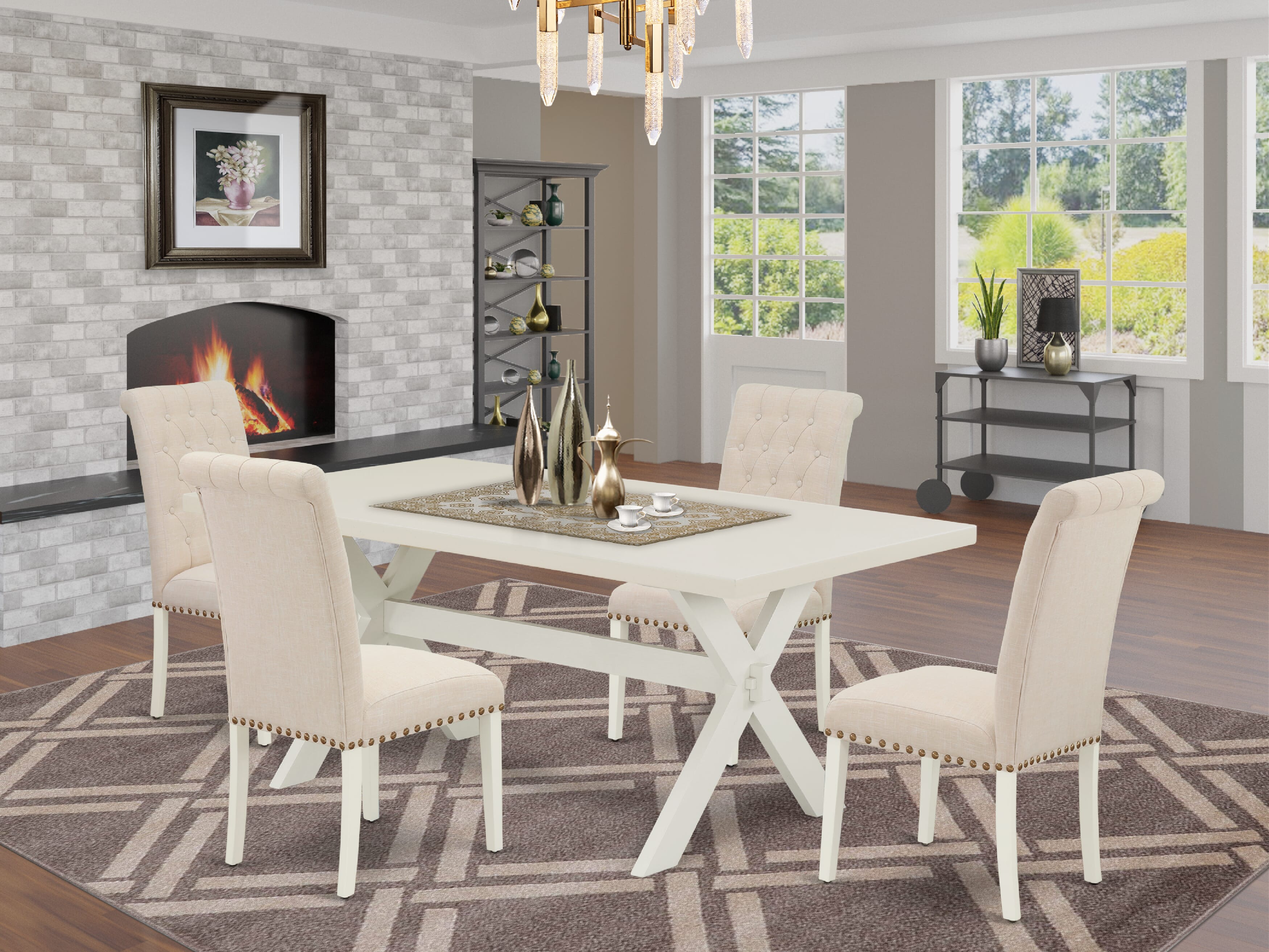 X027BR202-5 5-Piece Dining room Table SetIncluded 4 Parson Dining chairs Upholstered Seat and High Button Tufted Chair Back and Rectangular dining table with linen white Dinette Table top (linen white Finish)