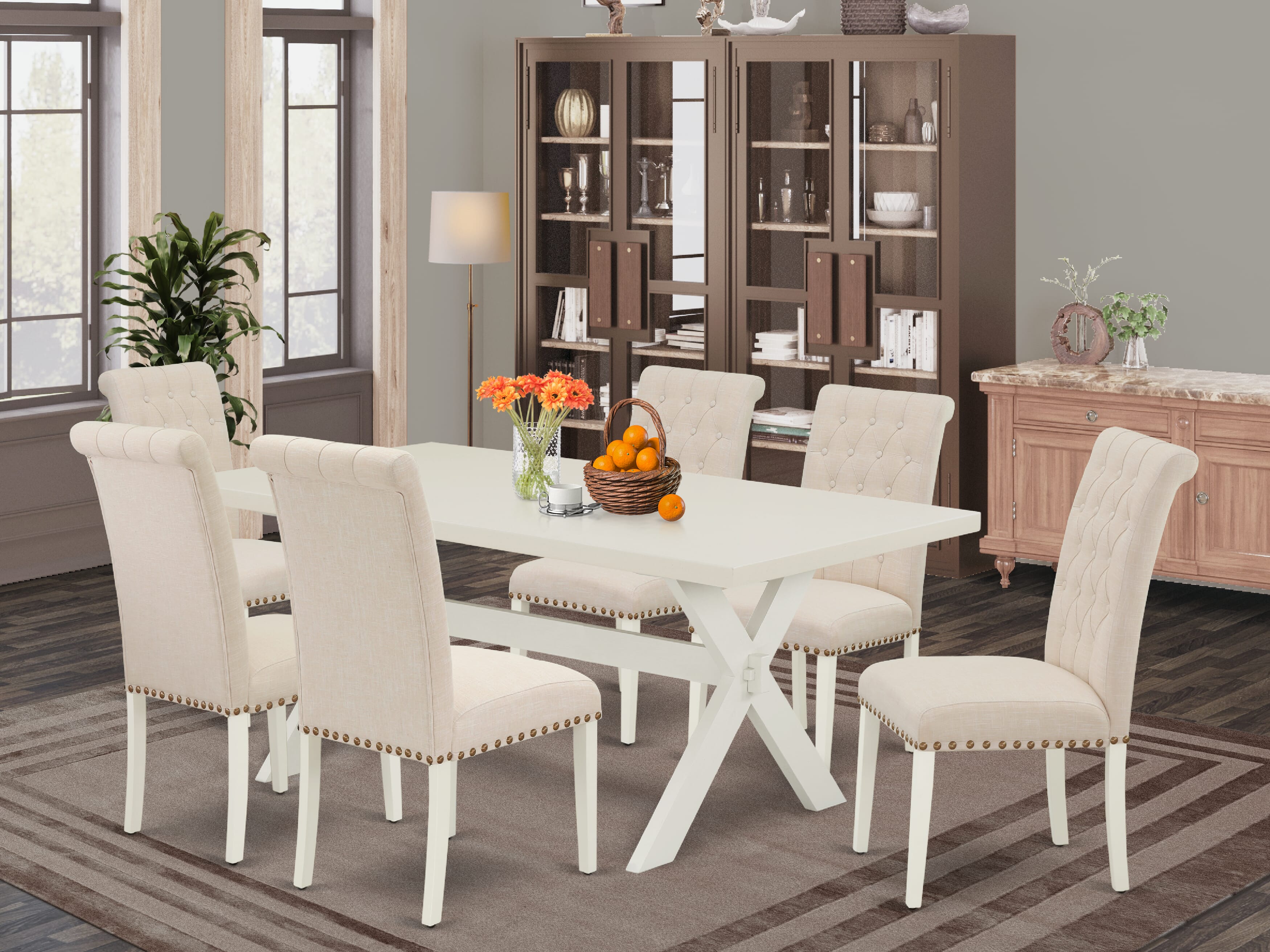 Juego de mesa de cocina de 7 piezas East West Furniture X027BR202-7 compuesto por una mesa de comedor rectangular con patas en forma de X y 6 sillas de comedor Parson de tela de lino beige claro.
