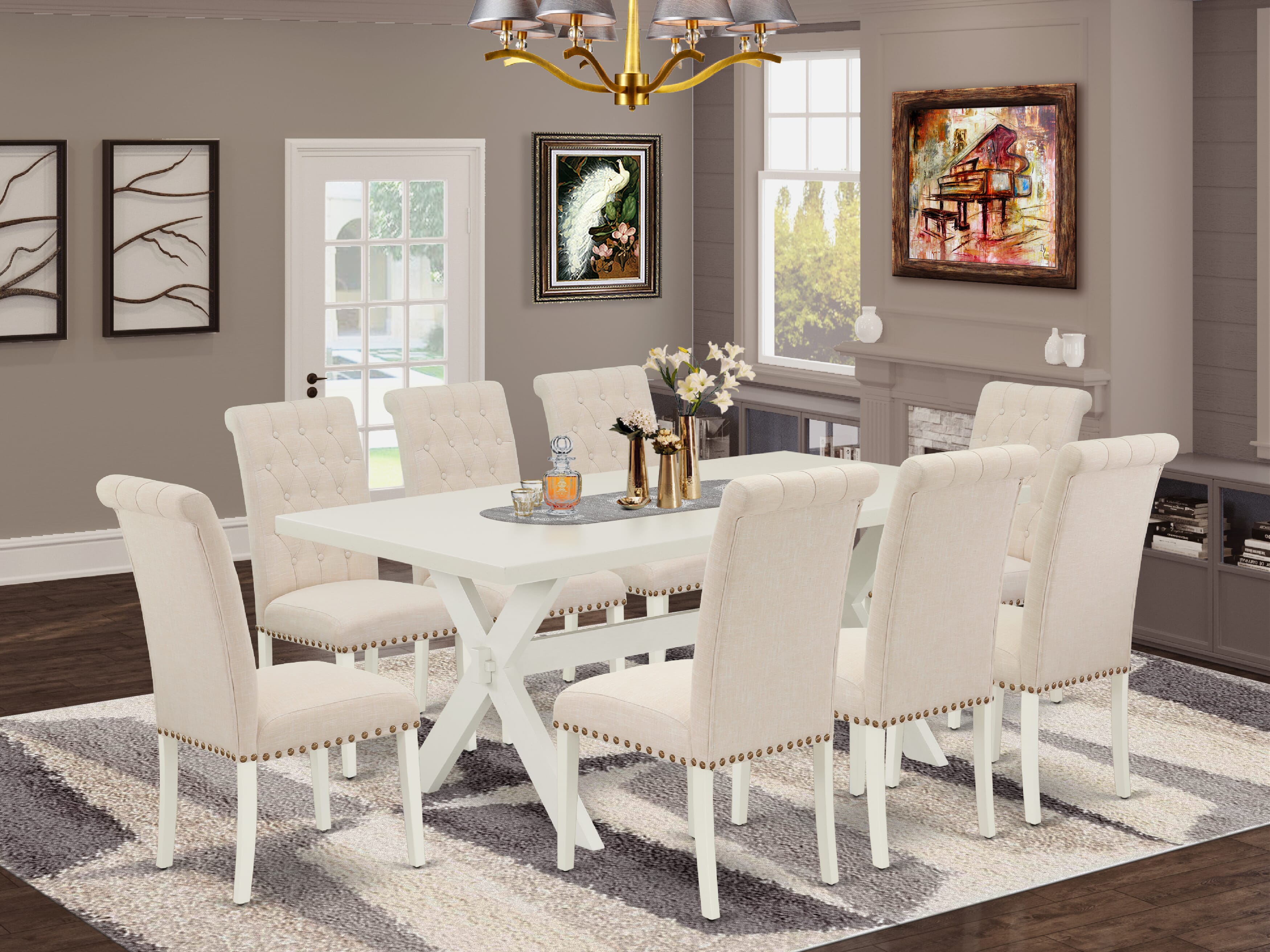 Juego de comedor de 9 piezas East West Furniture X027BR202-9. Incluye una mesa de comedor rectangular con patas en forma de X y 8 sillas tapizadas en tela de lino beige claro.