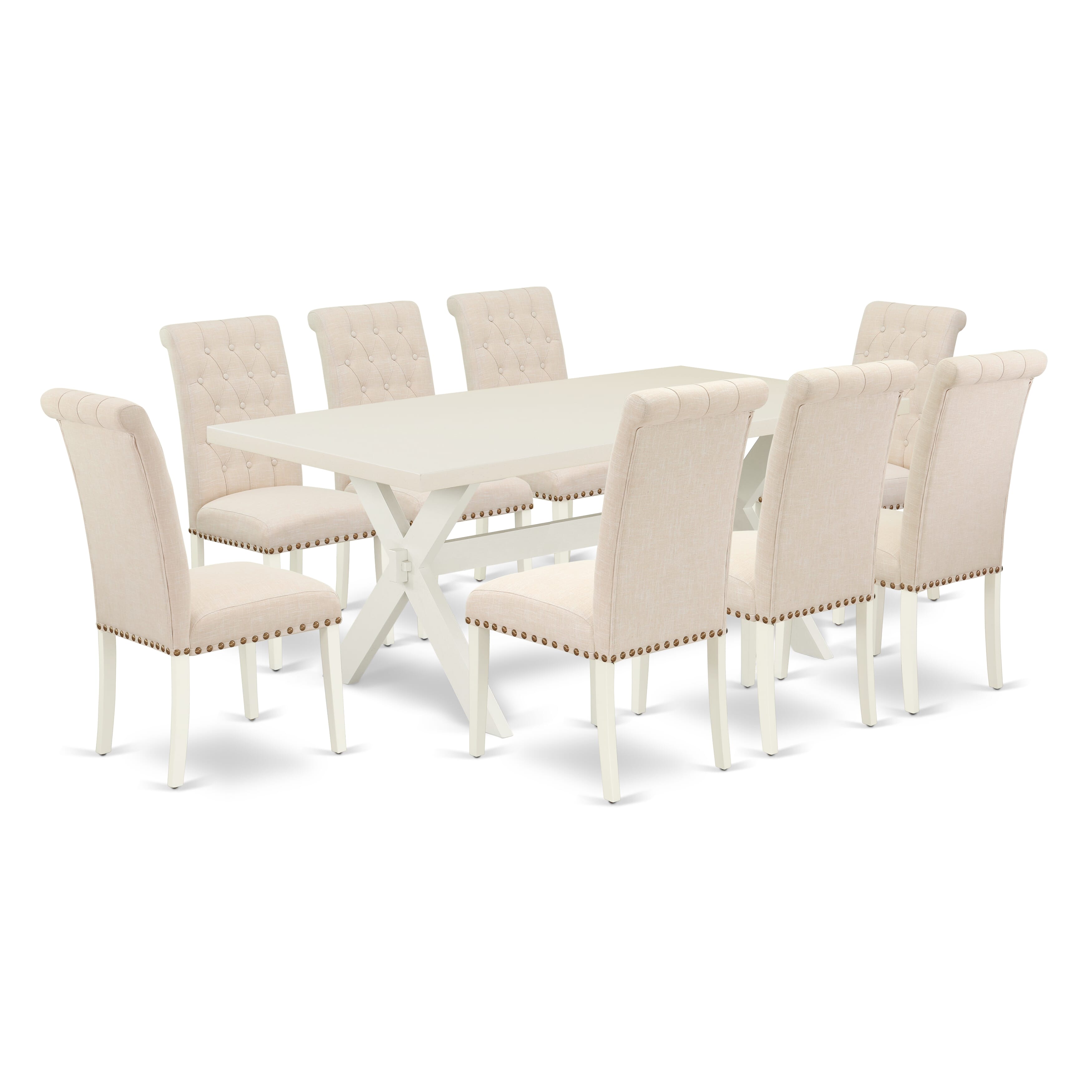 Juego de comedor de 9 piezas East West Furniture X027BR202-9. Incluye una mesa de comedor rectangular con patas en forma de X y 8 sillas tapizadas en tela de lino beige claro.
