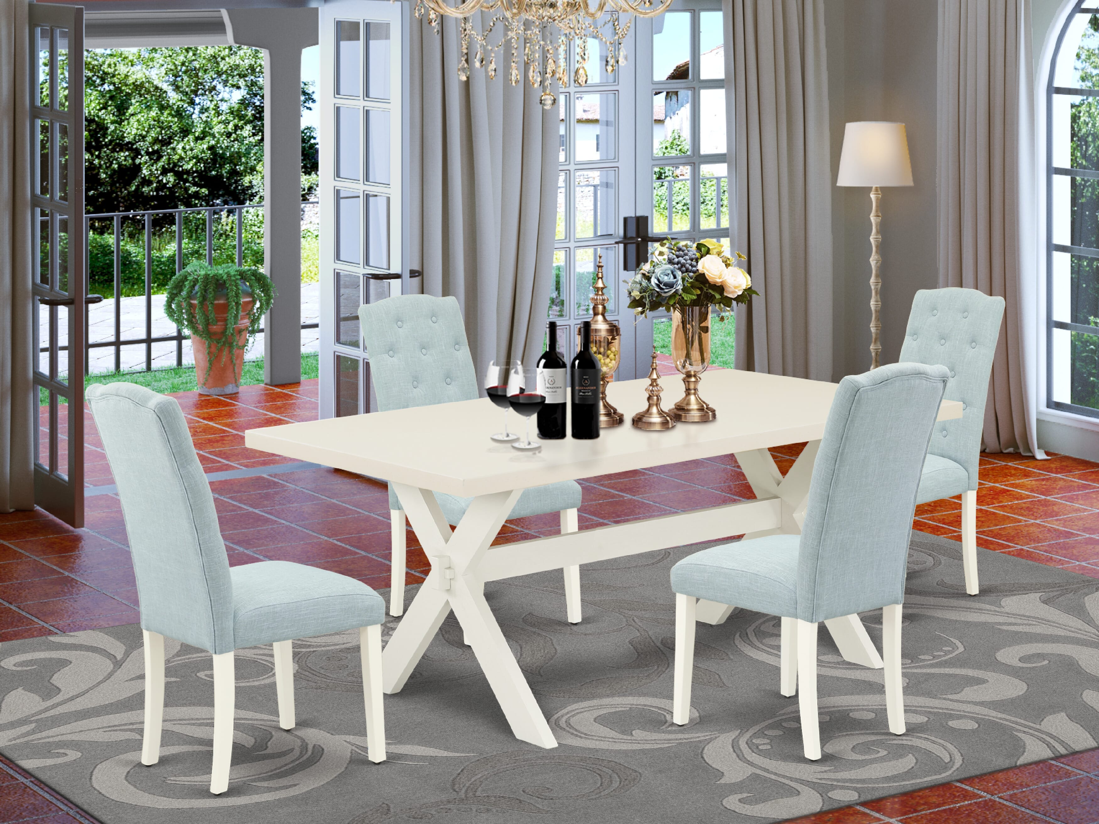 X027CE215-5 5-Piece a Beautiful linen white Mid Century Dining Table top and 4 Beautiful Parson chairs with Button Tufted Chair Back, linen white Finish