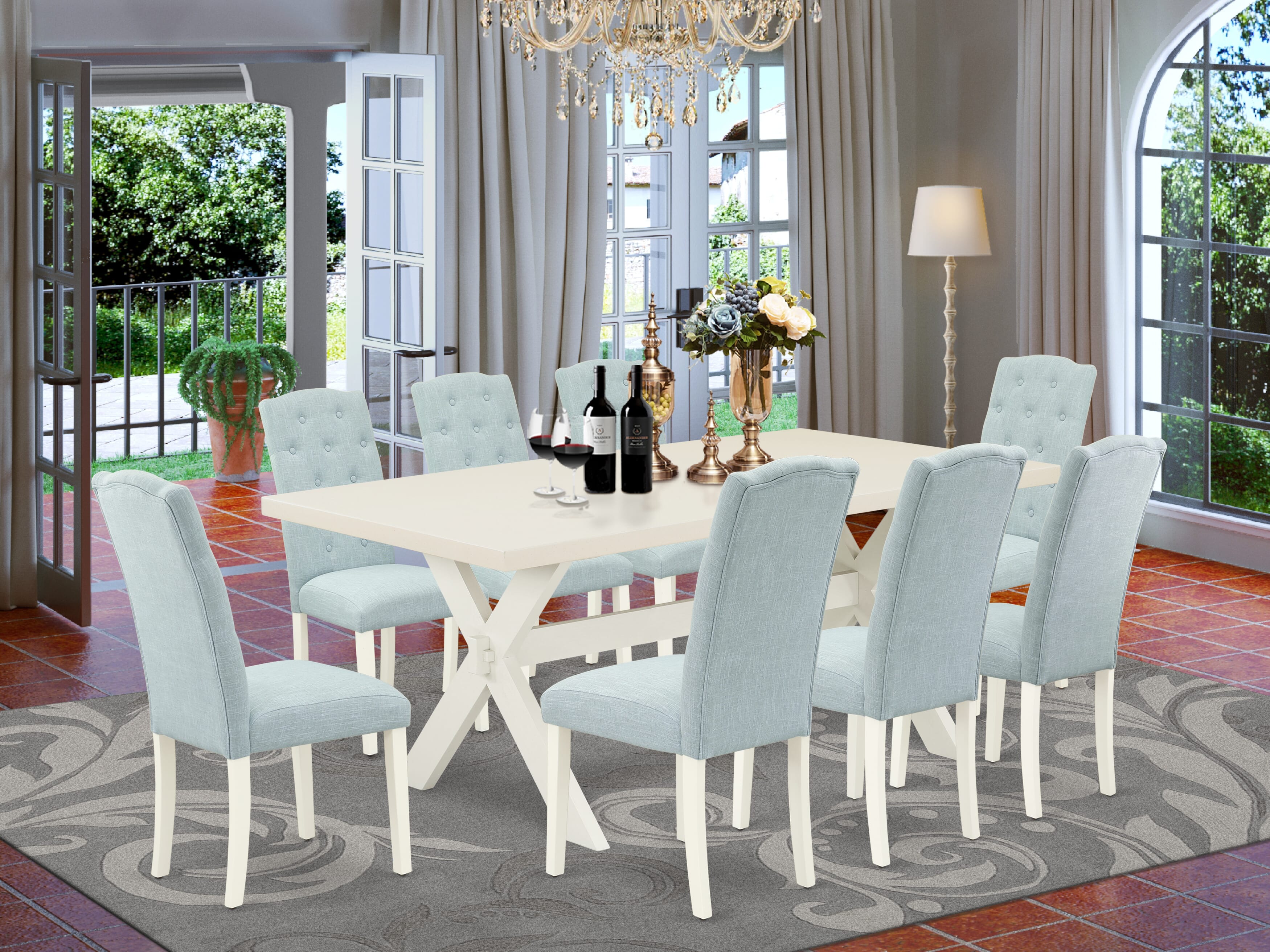 East West Furniture X027CE215-9 9-Piece Dining room Table Set a Great linen white Dining room Table top and 8 Fantastic Parson chairs with Button Tufted, linen white Finish