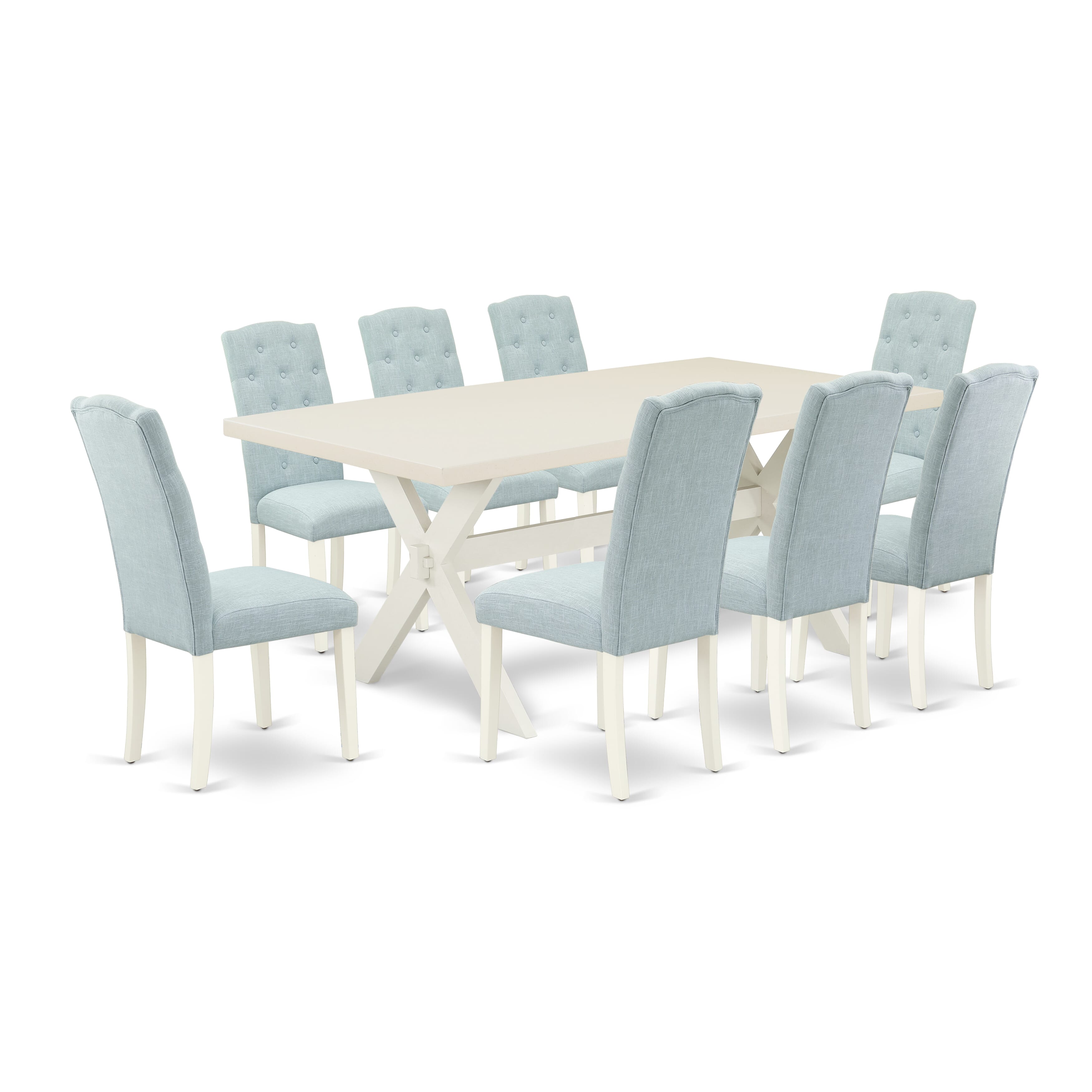 East West Furniture X027CE215-9 9-Piece Dining room Table Set a Great linen white Dining room Table top and 8 Fantastic Parson chairs with Button Tufted, linen white Finish