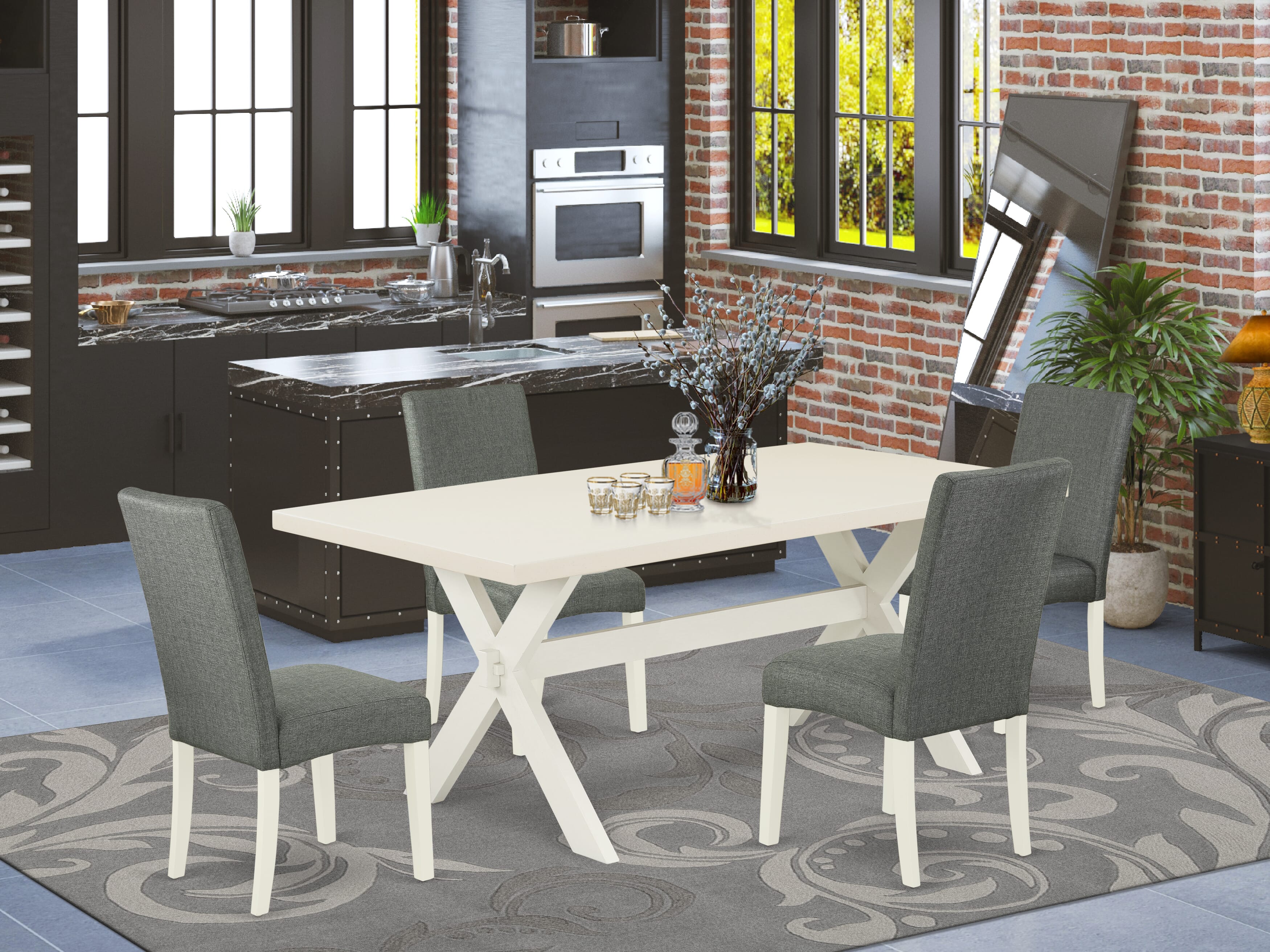 East West Furniture X027DR207-5 5-Pc dinette set a beautiful linen white rectangular table top and 4 Beautiful Parson� dining room chairs with High Stylish Chair Back, linen white Finish