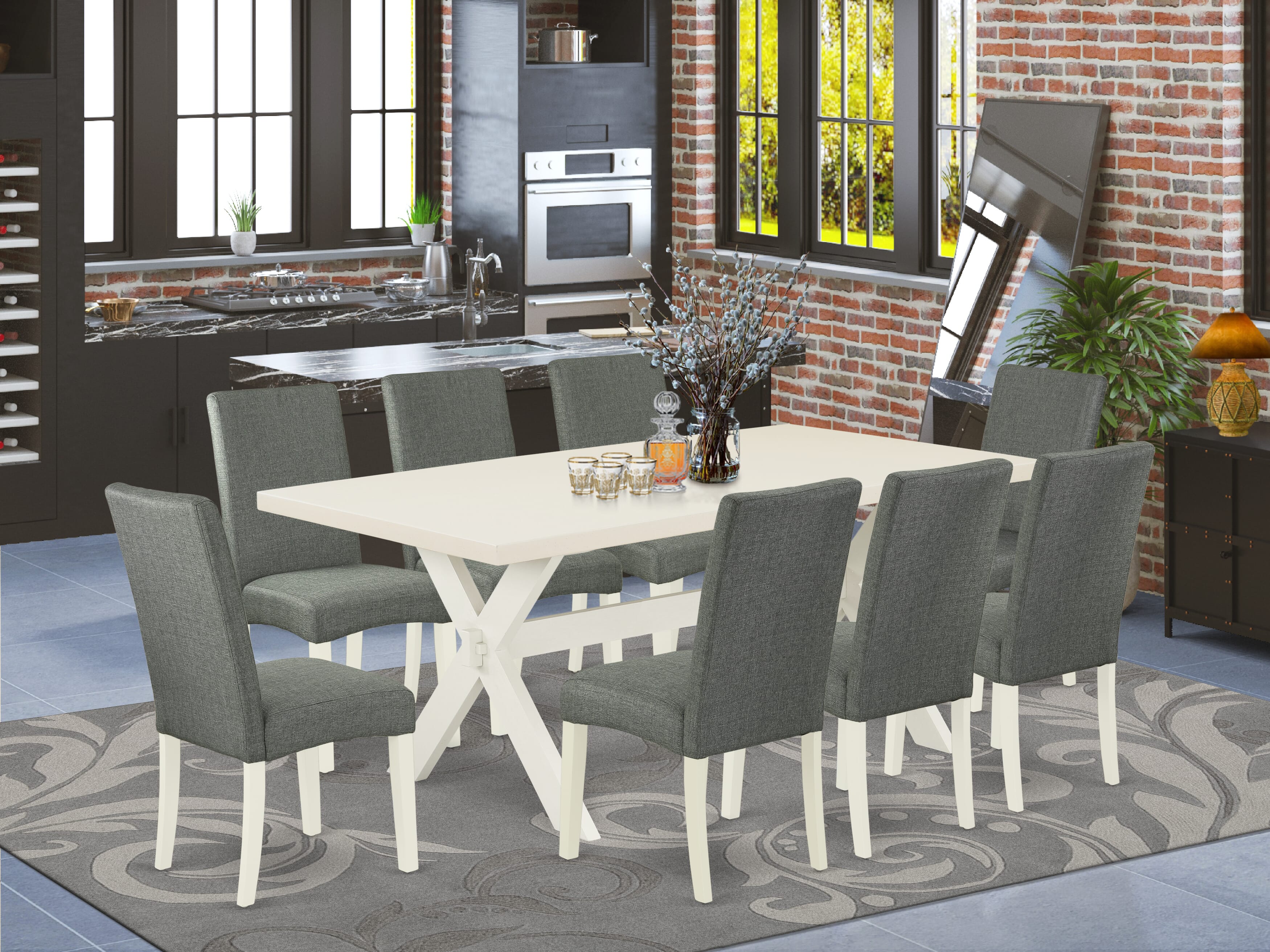 East West Furniture X027DR207-9 9-Pc Rectangular Dining Table Set a Fantastic linen white dining table top and 8 Beautiful Kitchen Parson Chair with High Stylish Chair Back, linen white Finish