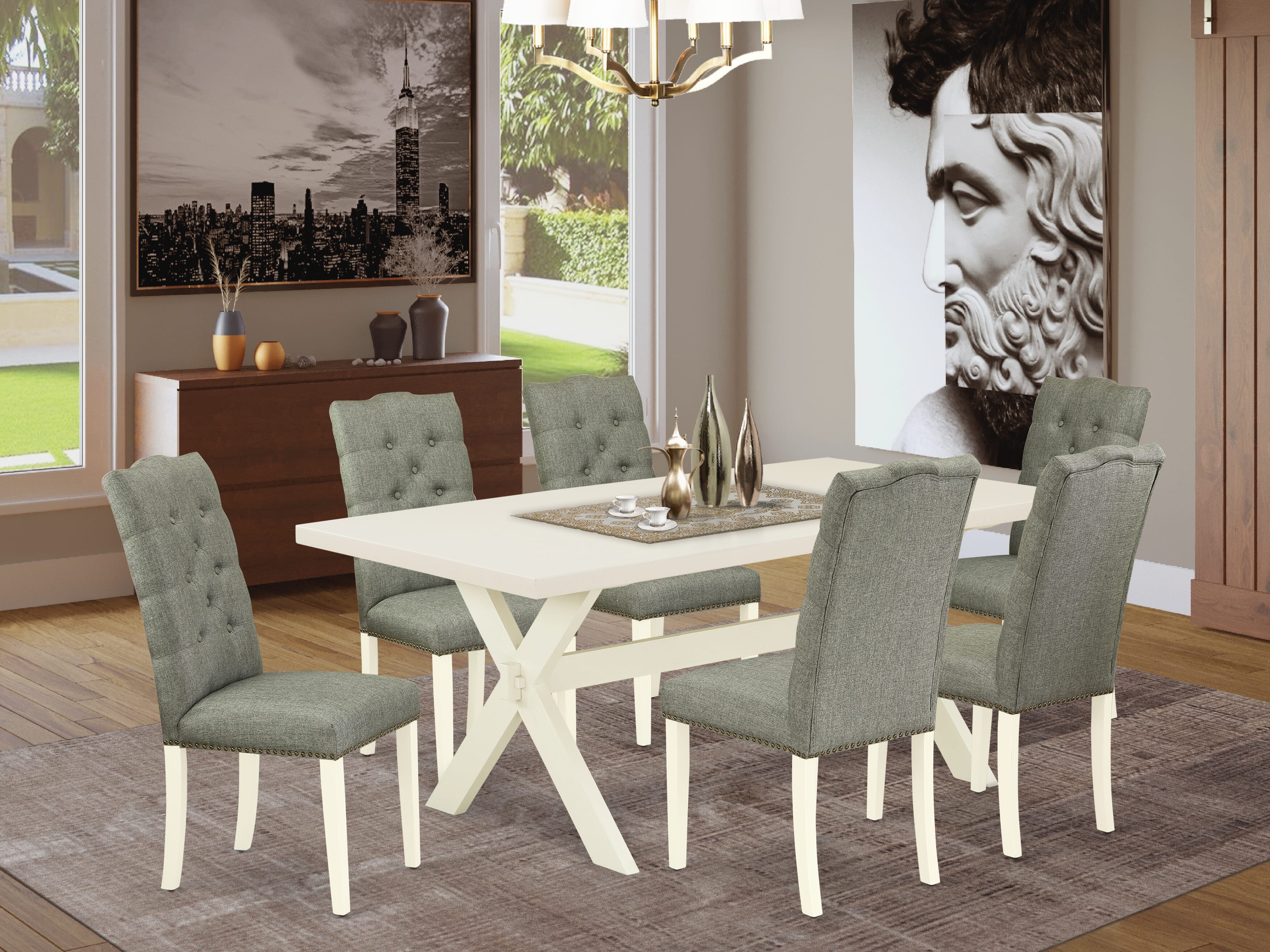 East West Furniture X027EL207-7 7-Piece Dining room Set a Fantastic linen white Rectangular Table top and 6 Fantastic Parson�s dining room chairs with Nail Heads and Button Tufted, linen white Finish
