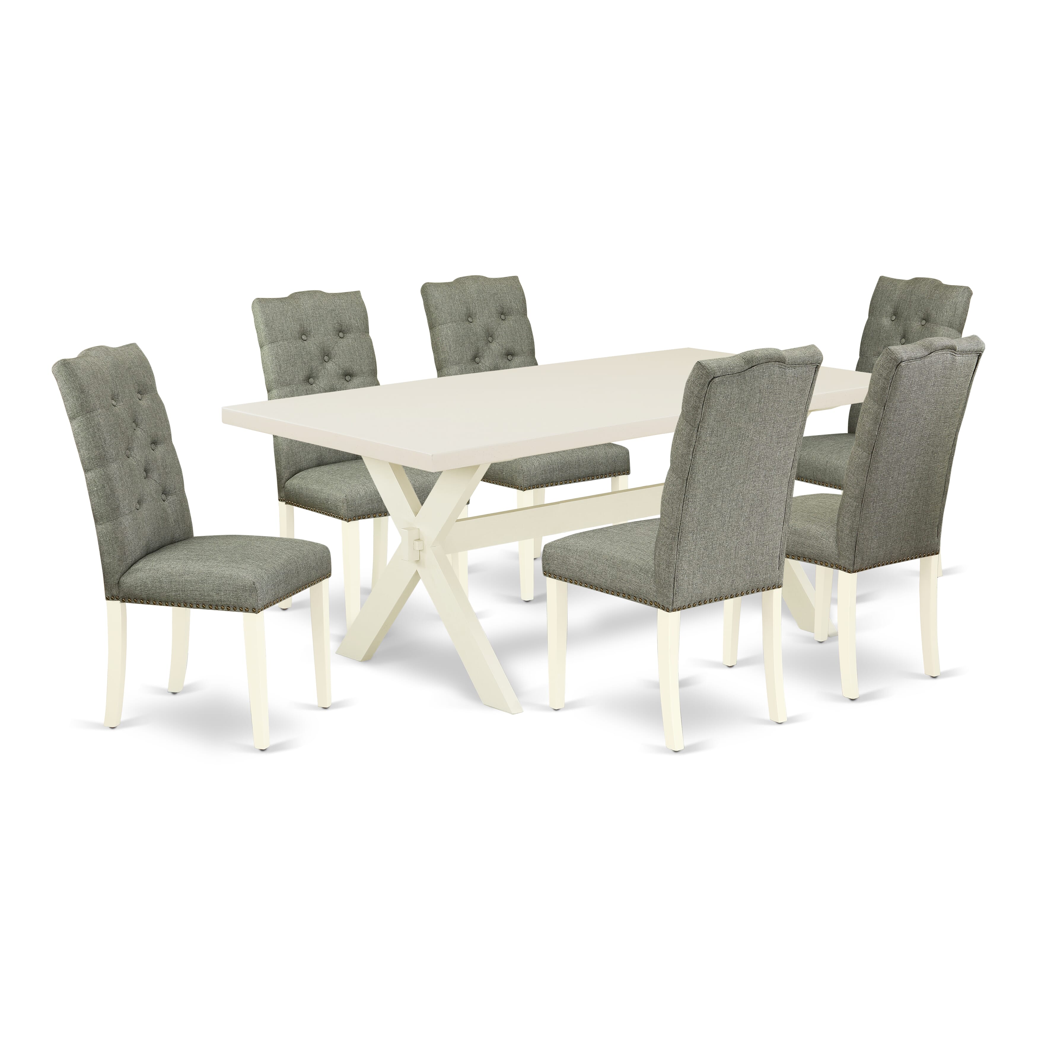 East West Furniture X027EL207-7 7-Piece Dining room Set a Fantastic linen white Rectangular Table top and 6 Fantastic Parson�s dining room chairs with Nail Heads and Button Tufted, linen white Finish