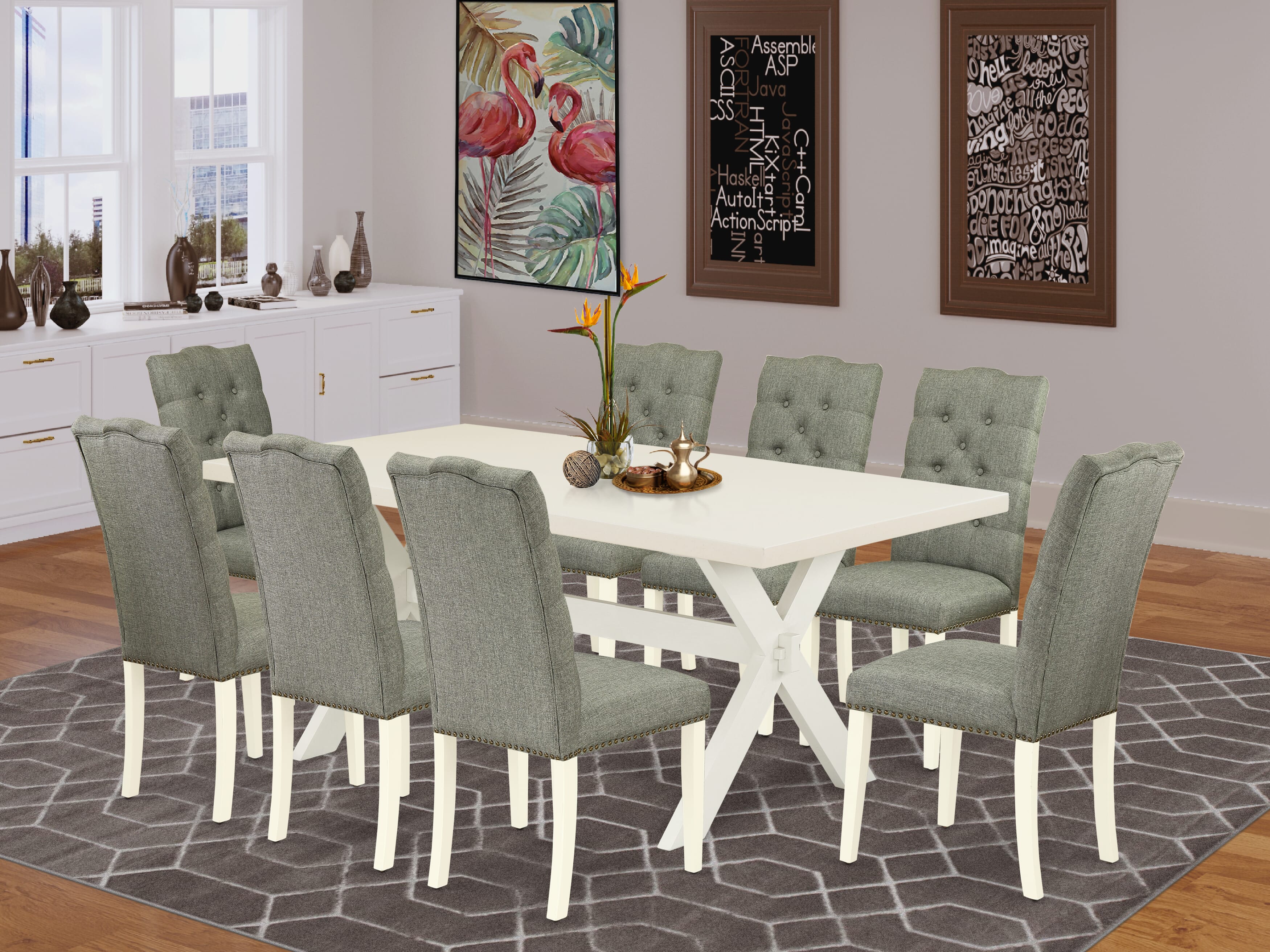 East West Furniture X027EL207-9 9-Pc kitchen table set a beautiful linen white Dinette Table top and 8 Gorgeous Kitchen chairs with Nail Heads and Button Tufted, linen white Finish