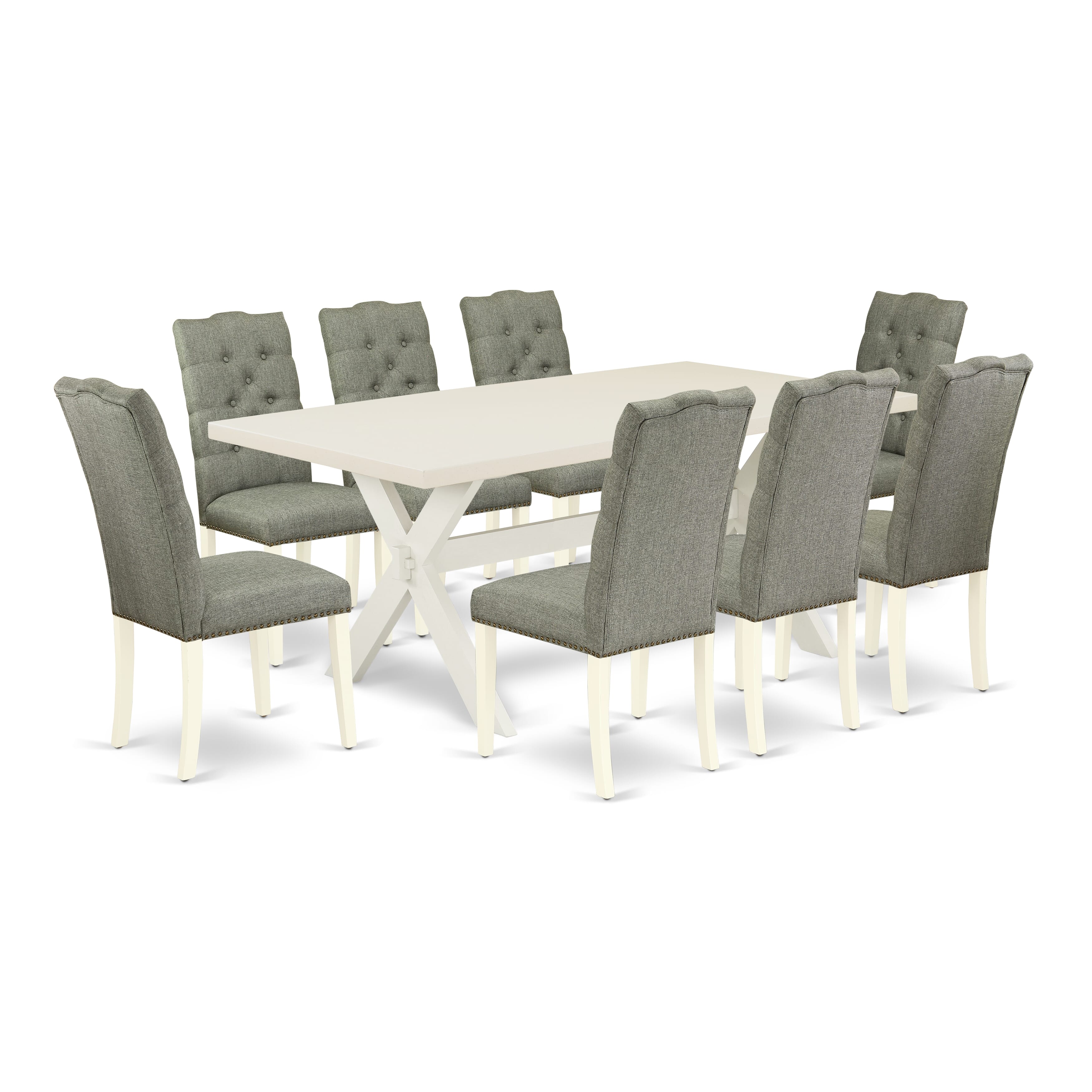 East West Furniture X027EL207-9 9-Pc kitchen table set a beautiful linen white Dinette Table top and 8 Gorgeous Kitchen chairs with Nail Heads and Button Tufted, linen white Finish