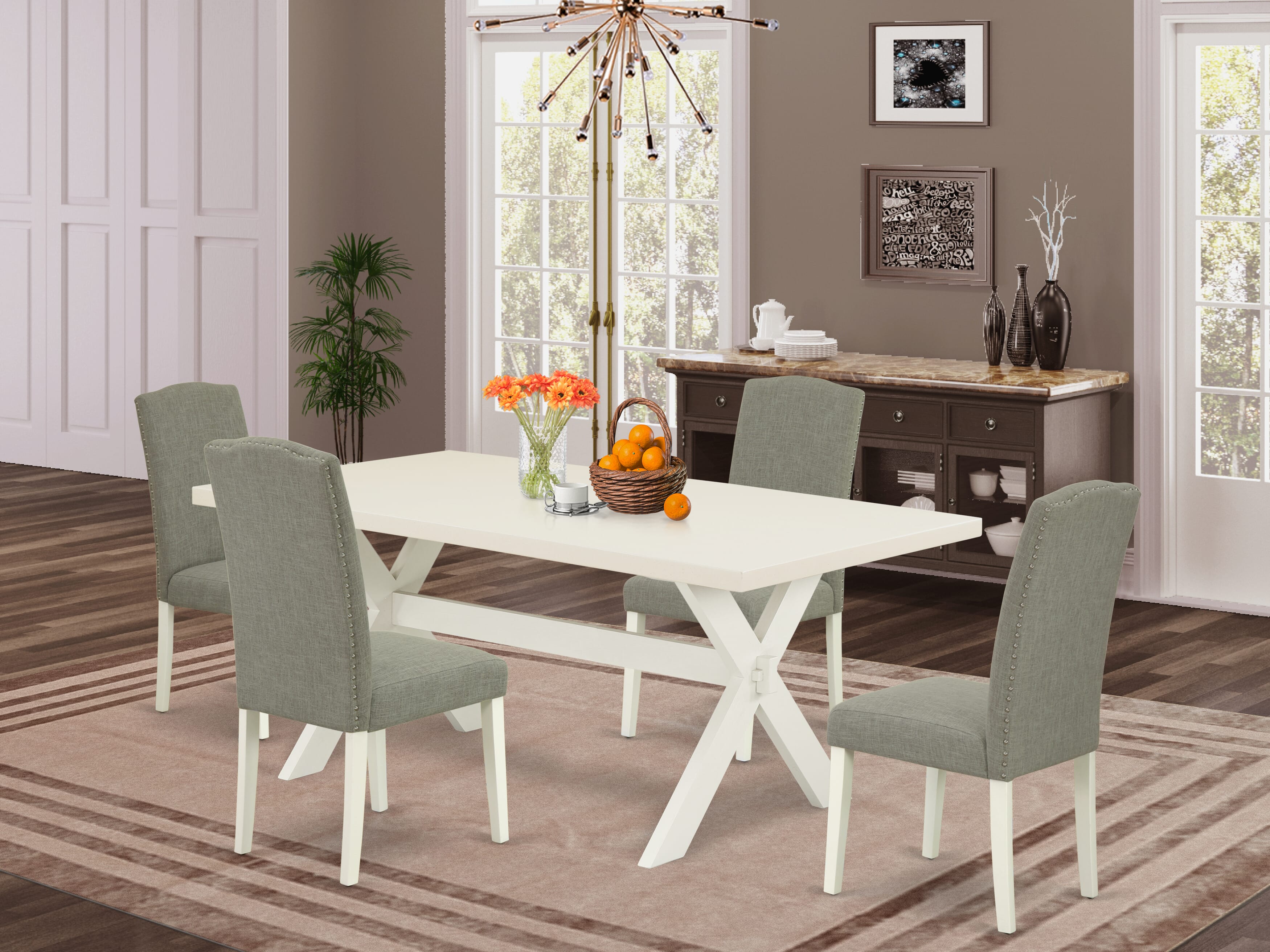 East West Furniture X027EN206-5 5-Pc Dinette SetIncluded 4 dining room chairs Upholstered Nails Head Seat and Stylish Chair Back and Rectangular Dining Table with linen white rectangular Dining Table top (linen white Finish)
