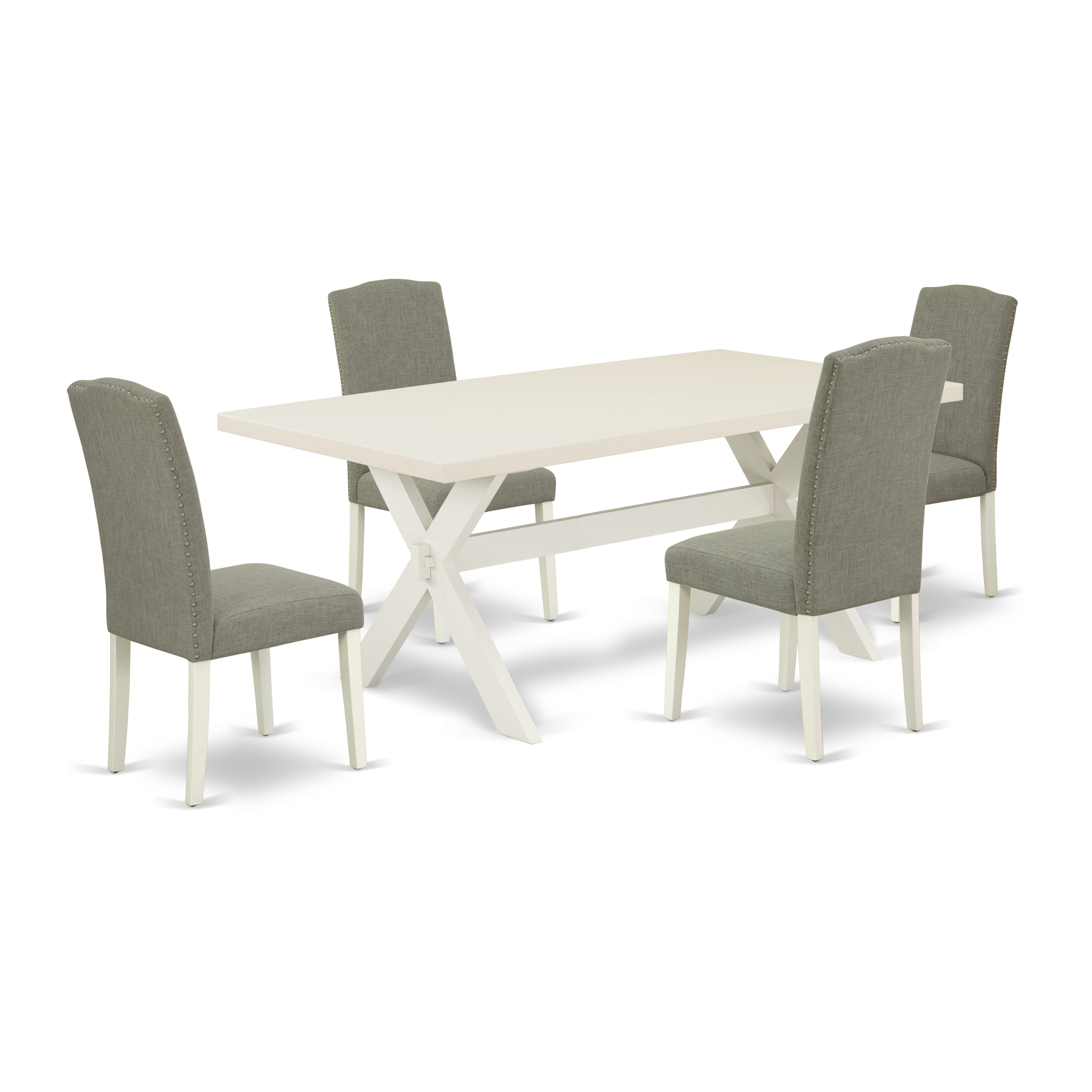 East West Furniture X027EN206-5 5-Pc Dinette SetIncluded 4 dining room chairs Upholstered Nails Head Seat and Stylish Chair Back and Rectangular Dining Table with linen white rectangular Dining Table top (linen white Finish)