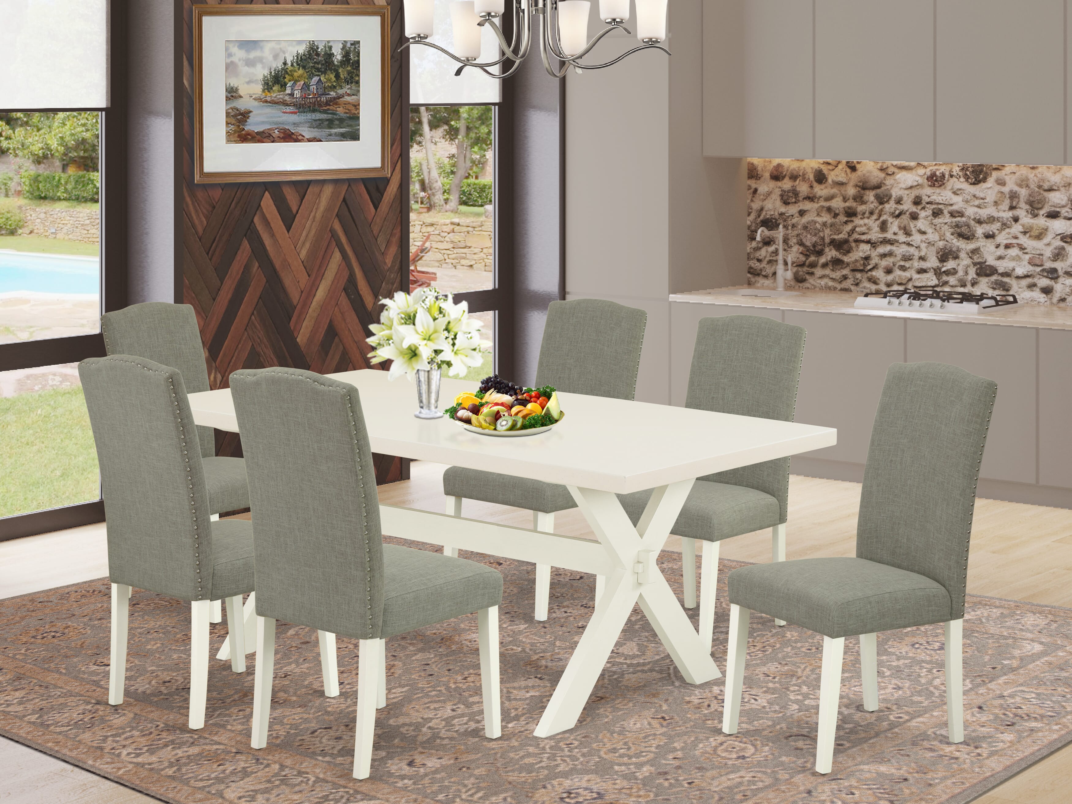 East West Furniture X027EN206-7 7-Piece dining room table set an excellent linen white small table top and 6 Fantastic Dining chairs with Nail heads and High Stylish Chair Back, linen white Finish