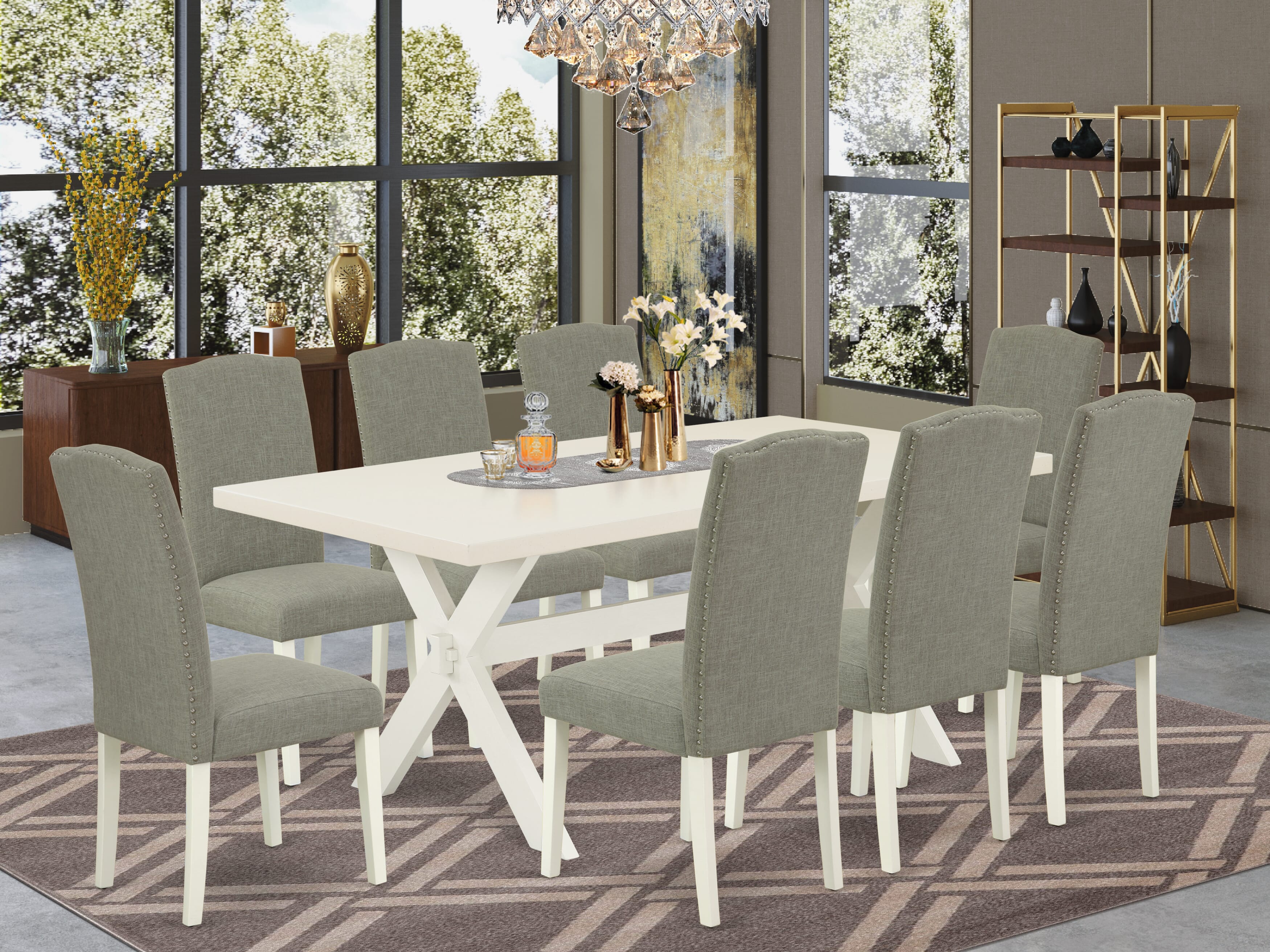 East West Furniture X027EN206-9 9-Piece Dinette Set a Beautiful linen white Modern Dining Table top and 8 beautiful Parson Dining chairs with Nail Heads and Stylish Chair Back, linen white Finish