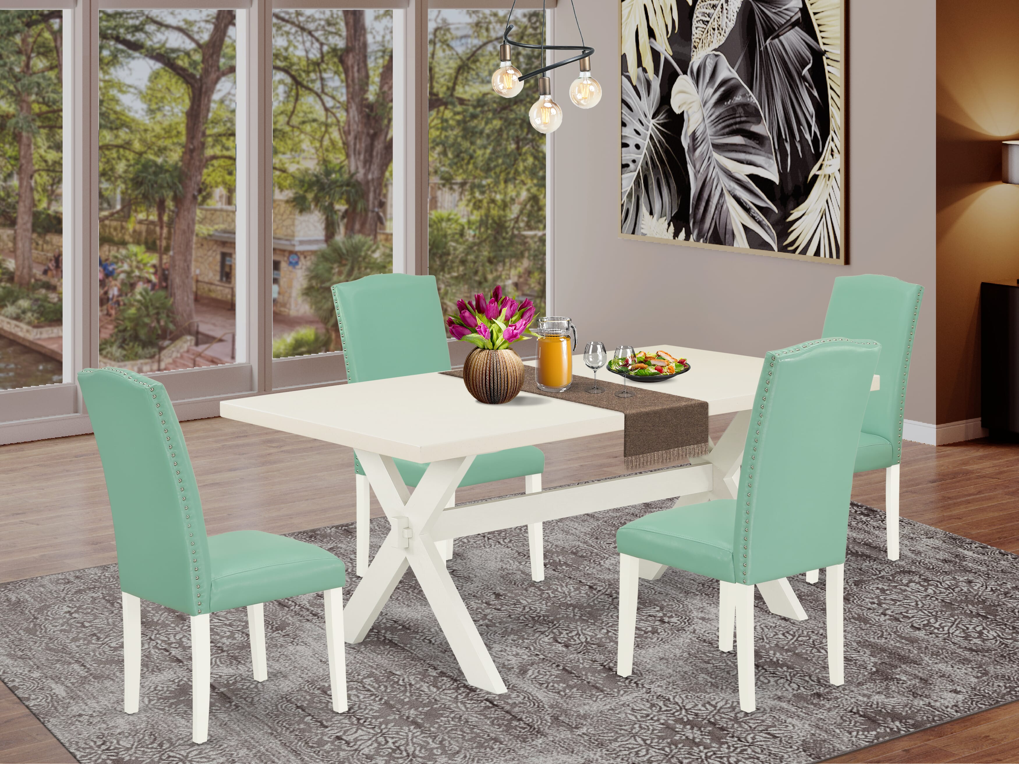East West Furniture X027EN257-5 5-Pc Dinette SetIncluded 4 dining room chairs Upholstered Nails Head Seat and Stylish Chair Back and Rectangular Kitchen Dining Table with linen white Dining Table top (linen white Finish)
