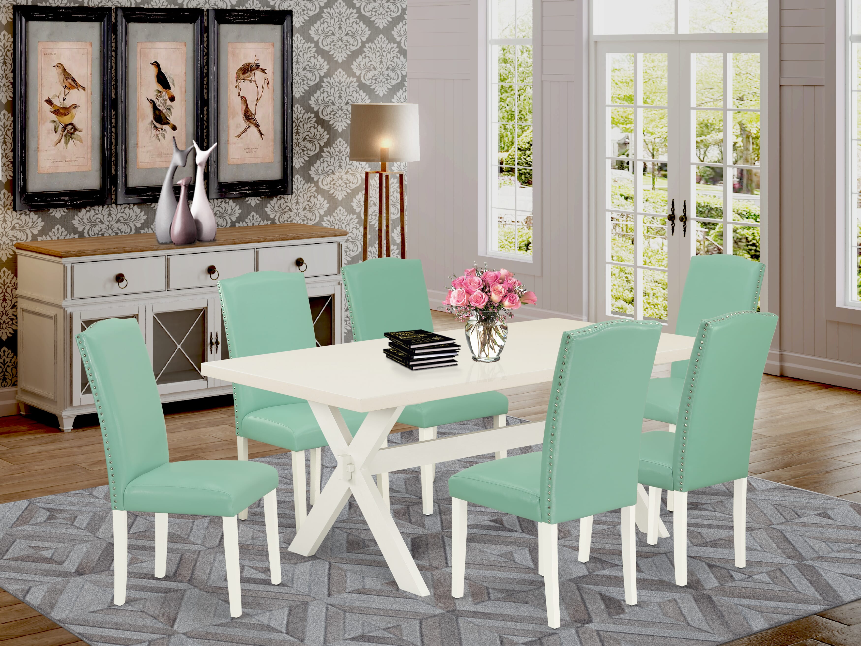 East West Furniture X027EN257-7 7-piece dining room table set a great linen white dining table top and 6 beautiful parson dining chairs with nail heads and Stylish Chair Back, linen white Finish