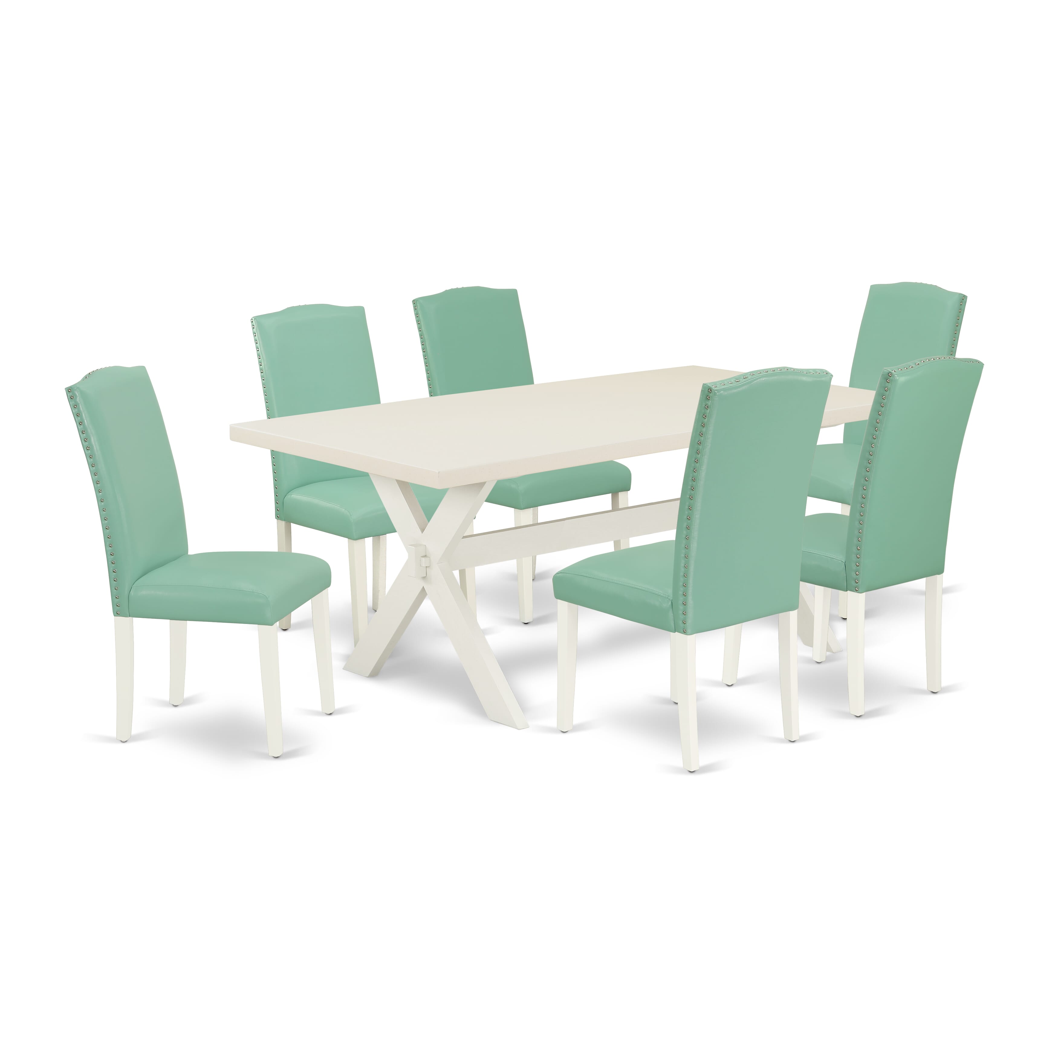 East West Furniture X027EN257-7 7-piece dining room table set a great linen white dining table top and 6 beautiful parson dining chairs with nail heads and Stylish Chair Back, linen white Finish
